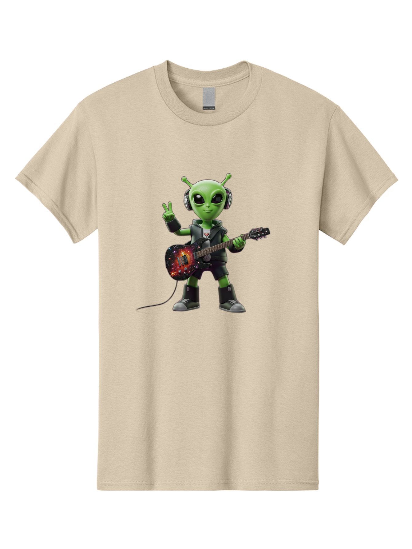Alien-Guitarist Men'S Graphic Tee, 100% Cotton, Comfortable Casual Summer Wear, Machine Washable, Alien Playing Electric Guitar, Wearing Headphones, Peace Sign Hand Gesture, Galaxy Print Guitar, Rockstar Alien, Futuristic Music, Bab626 5