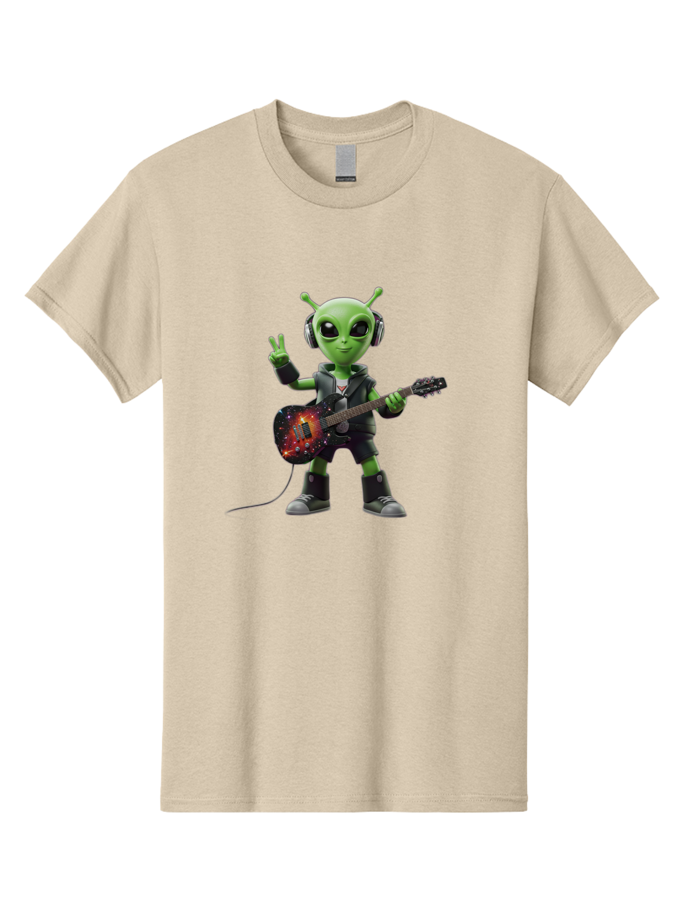 Alien-Guitarist Men'S Graphic Tee, 100% Cotton, Comfortable Casual Summer Wear, Machine Washable, Alien Playing Electric Guitar, Wearing Headphones, Peace Sign Hand Gesture, Galaxy Print Guitar, Rockstar Alien, Futuristic Music, Bab626 8