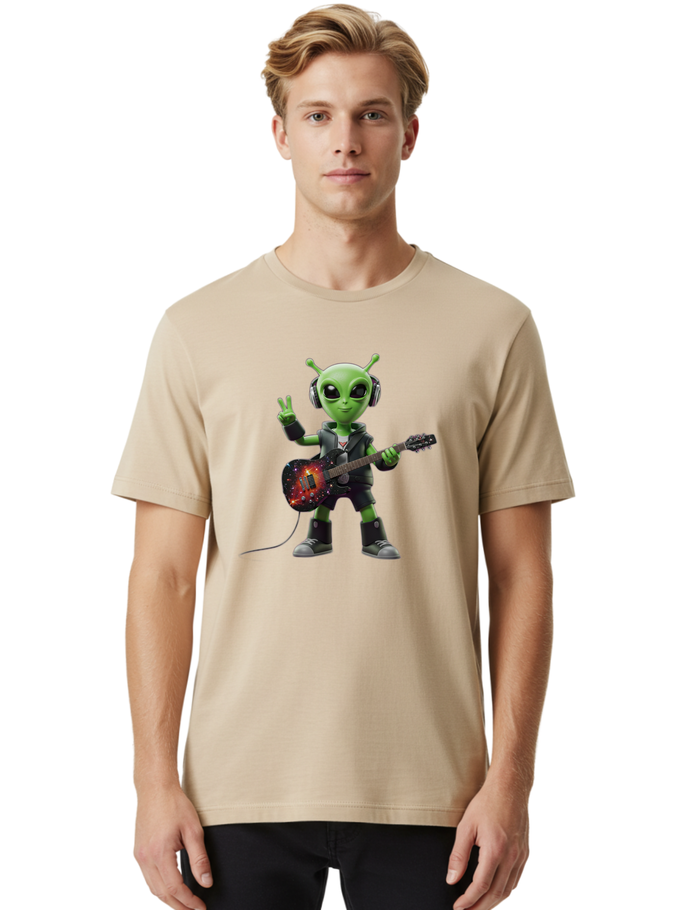 Alien-Guitarist Men'S Graphic Tee, 100% Cotton, Comfortable Casual Summer Wear, Machine Washable, Alien Playing Electric Guitar, Wearing Headphones, Peace Sign Hand Gesture, Galaxy Print Guitar, Rockstar Alien, Futuristic Music, Bab626 23