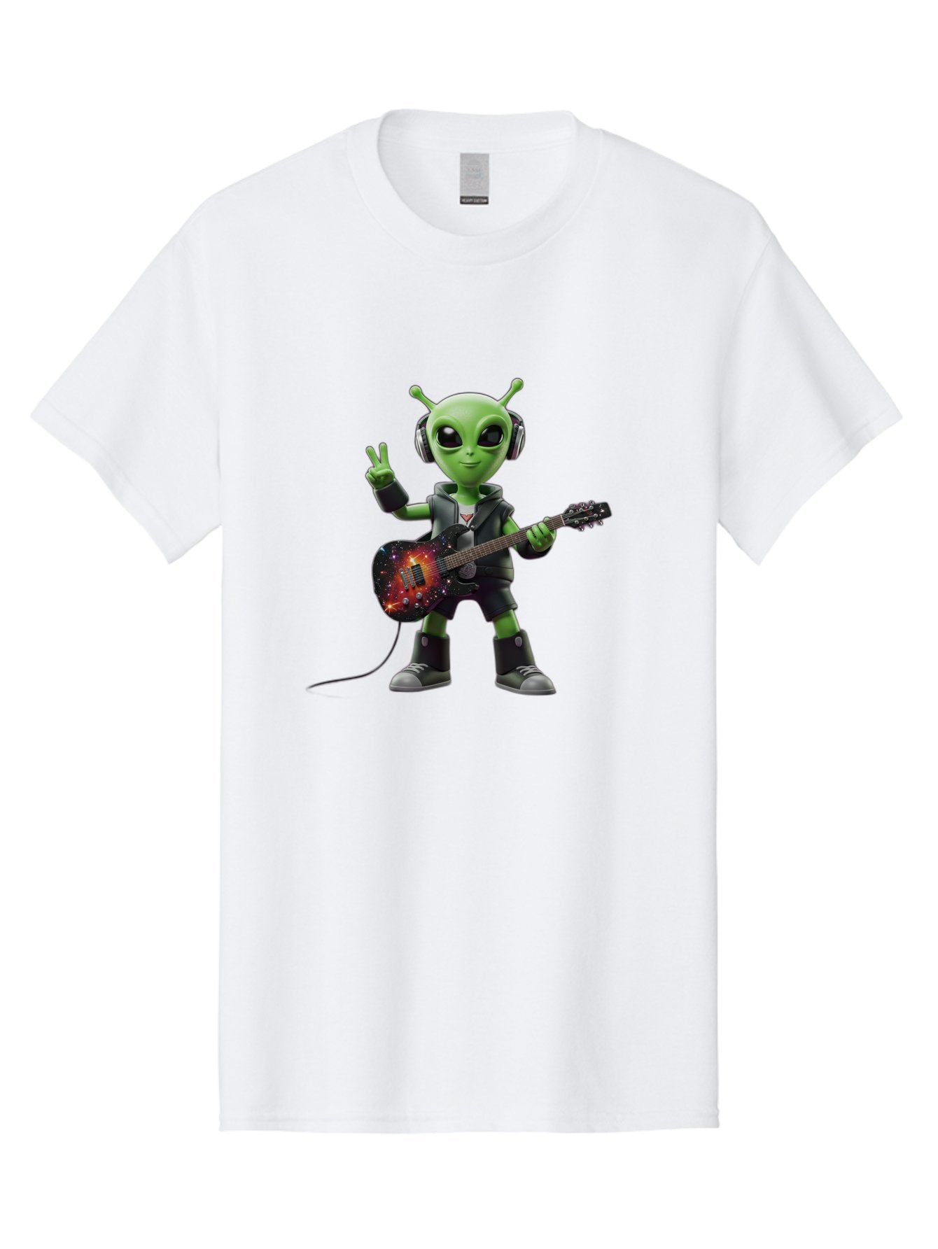 Alien-Guitarist Men'S Graphic Tee, 100% Cotton, Comfortable Casual Summer Wear, Machine Washable, Alien Playing Electric Guitar, Wearing Headphones, Peace Sign Hand Gesture, Galaxy Print Guitar, Rockstar Alien, Futuristic Music, Bab626