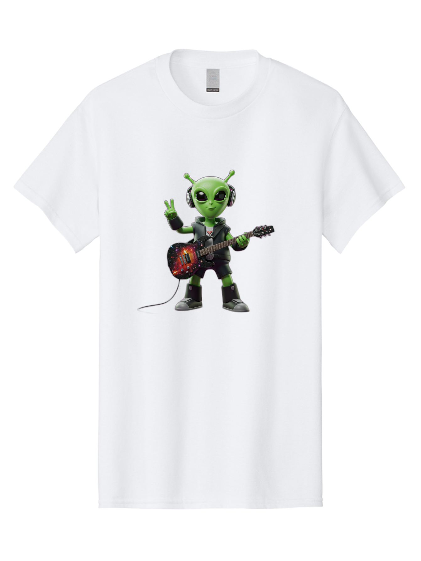 Alien-Guitarist Men'S Graphic Tee, 100% Cotton, Comfortable Casual Summer Wear, Machine Washable, Alien Playing Electric Guitar, Wearing Headphones, Peace Sign Hand Gesture, Galaxy Print Guitar, Rockstar Alien, Futuristic Music, Bab626 11