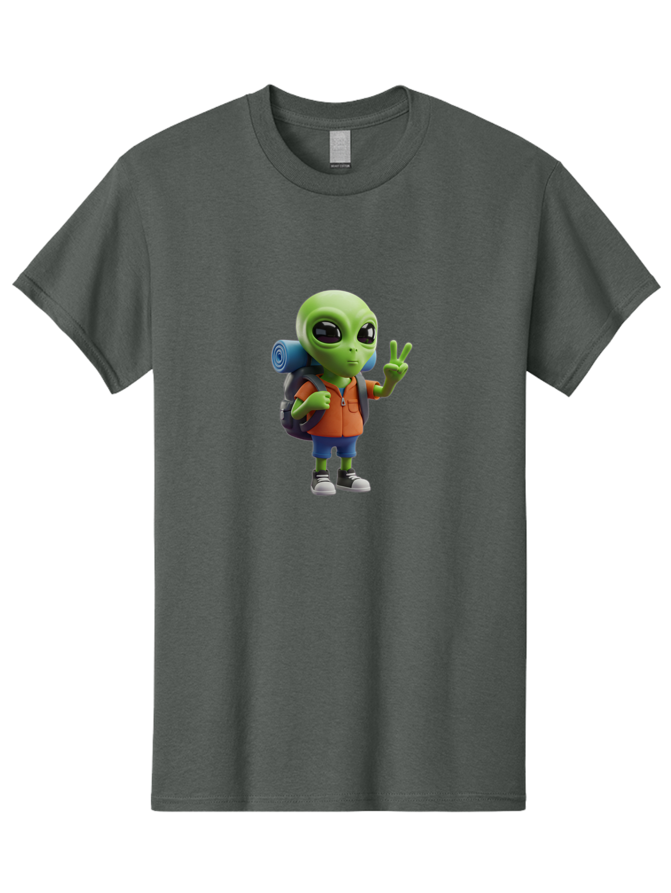 Alien-Hiker Men'S Graphic Tee, 100% Cotton, Comfortable Casual Summer Wear, Machine Washable, Cartoon Alien, Hiking Gear, Peace Sign, Relaxed Pose, 3D Illustration, Casual Clothing, Outdoor Enthusiast, Pop Culture Icon, Fun Design, Bab627 4
