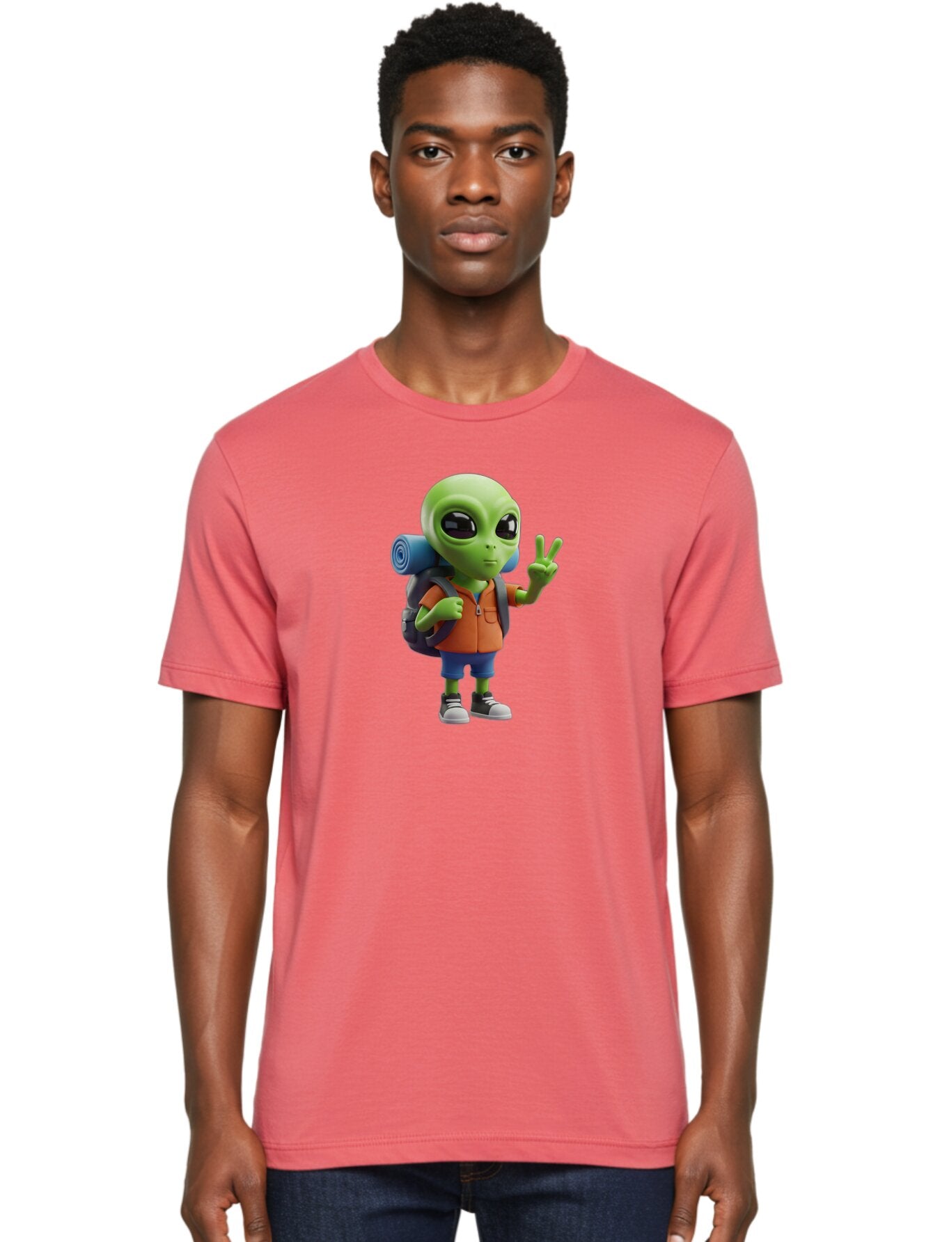 Alien-Hiker Men'S Graphic Tee, 100% Cotton, Comfortable Casual Summer Wear, Machine Washable, Cartoon Alien, Hiking Gear, Peace Sign, Relaxed Pose, 3D Illustration, Casual Clothing, Outdoor Enthusiast, Pop Culture Icon, Fun Design, Bab627 20