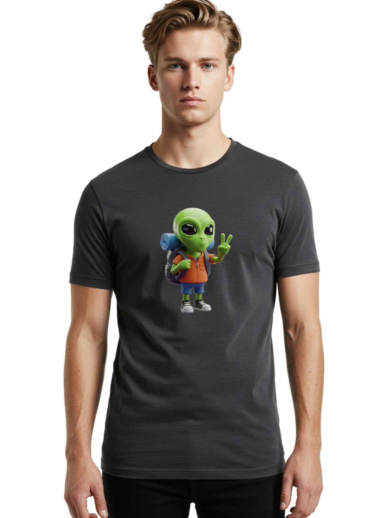 Alien-Hiker Men'S Graphic Tee, 100% Cotton, Comfortable Casual Summer Wear, Machine Washable, Cartoon Alien, Hiking Gear, Peace Sign, Relaxed Pose, 3D Illustration, Casual Clothing, Outdoor Enthusiast, Pop Culture Icon, Fun Design, Bab627 20
