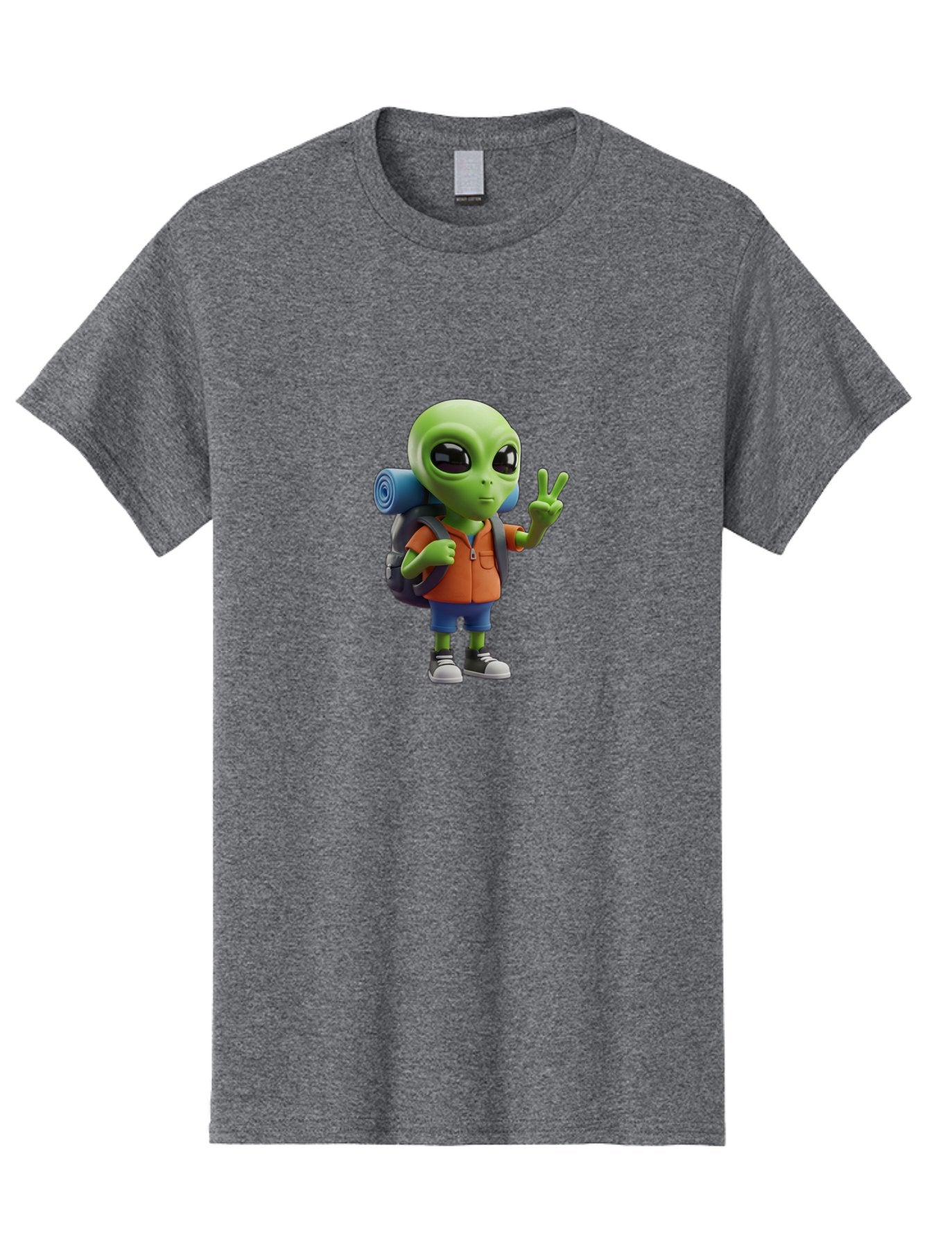 Alien-Hiker Men'S Graphic Tee, 100% Cotton, Comfortable Casual Summer Wear, Machine Washable, Cartoon Alien, Hiking Gear, Peace Sign, Relaxed Pose, 3D Illustration, Casual Clothing, Outdoor Enthusiast, Pop Culture Icon, Fun Design, Bab627 5