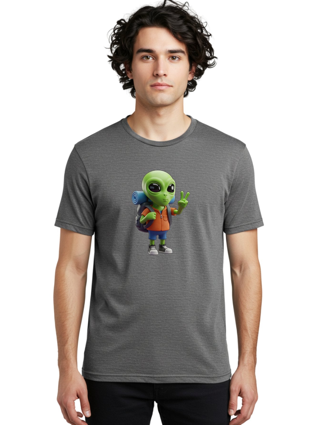 Alien-Hiker Men'S Graphic Tee, 100% Cotton, Comfortable Casual Summer Wear, Machine Washable, Cartoon Alien, Hiking Gear, Peace Sign, Relaxed Pose, 3D Illustration, Casual Clothing, Outdoor Enthusiast, Pop Culture Icon, Fun Design, Bab627 23