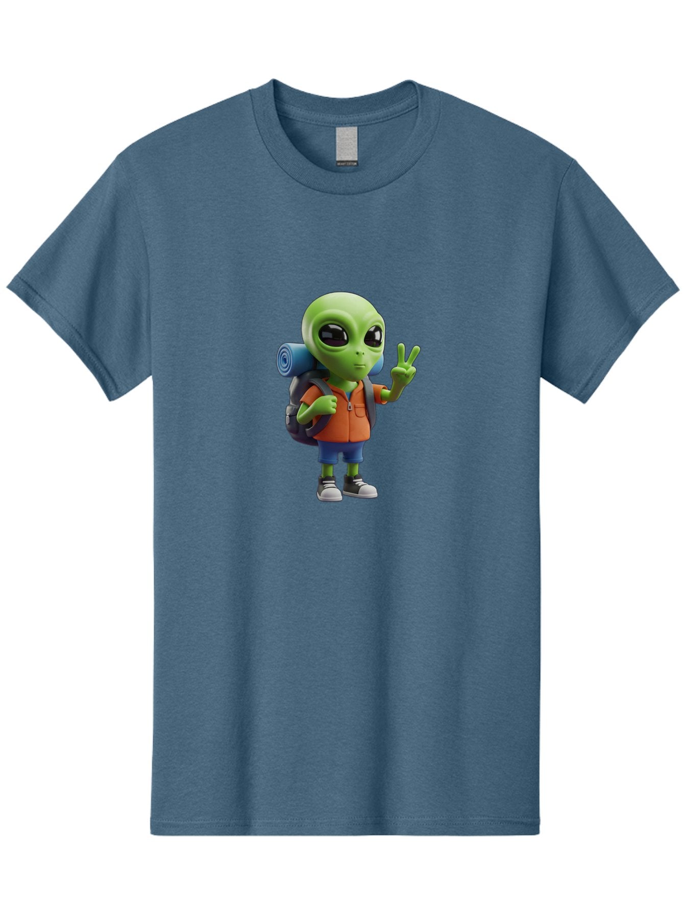 Alien-Hiker Men'S Graphic Tee, 100% Cotton, Comfortable Casual Summer Wear, Machine Washable, Cartoon Alien, Hiking Gear, Peace Sign, Relaxed Pose, 3D Illustration, Casual Clothing, Outdoor Enthusiast, Pop Culture Icon, Fun Design, Bab627