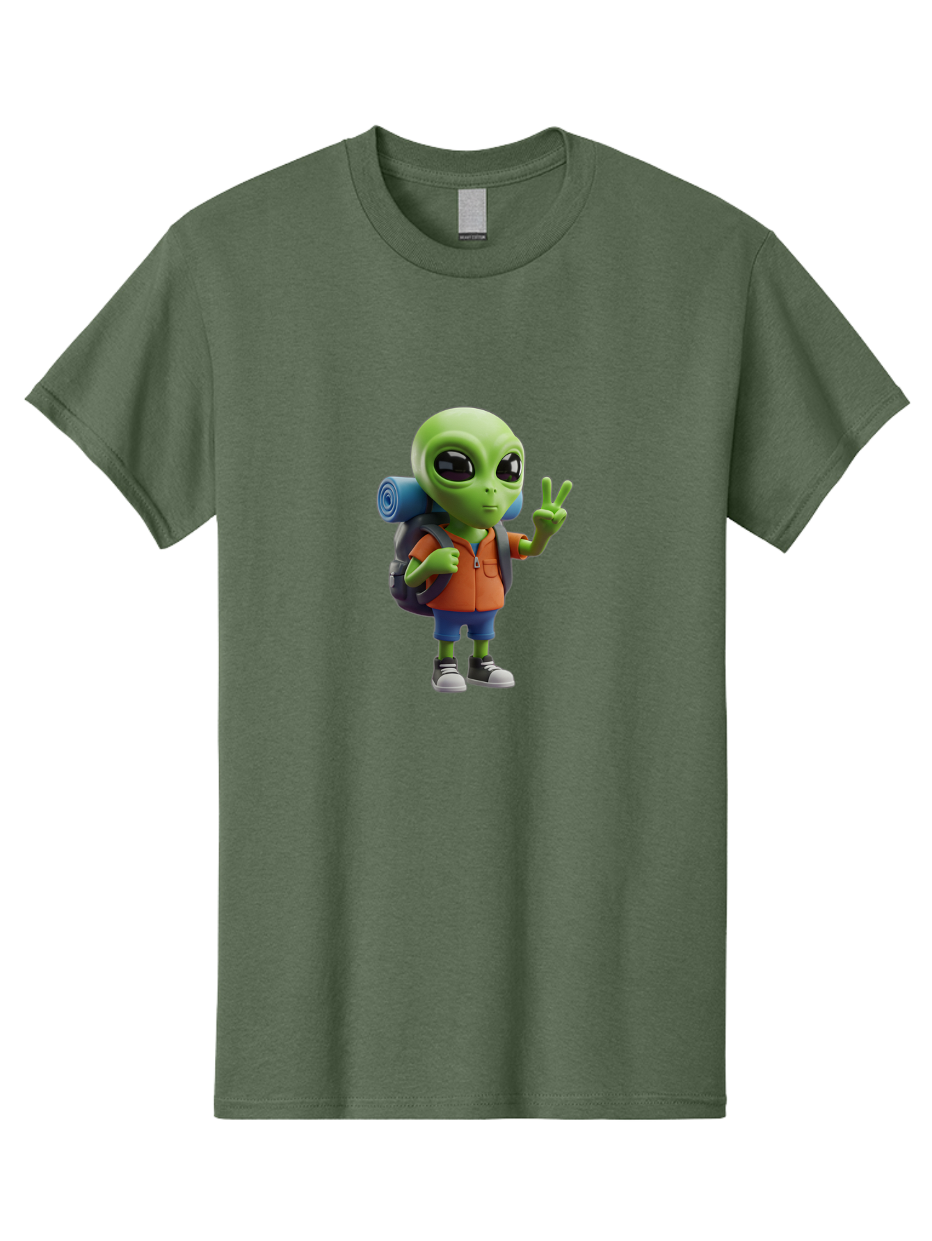 Alien-Hiker Men'S Graphic Tee, 100% Cotton, Comfortable Casual Summer Wear, Machine Washable, Cartoon Alien, Hiking Gear, Peace Sign, Relaxed Pose, 3D Illustration, Casual Clothing, Outdoor Enthusiast, Pop Culture Icon, Fun Design, Bab627 3