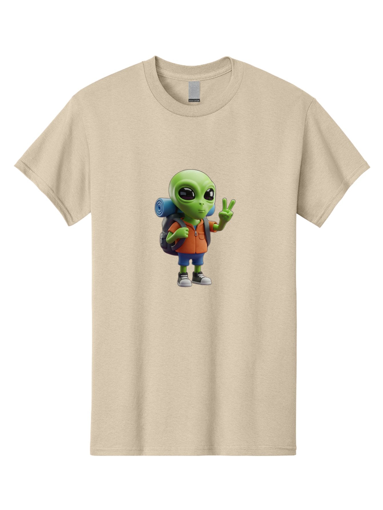 Alien-Hiker Men'S Graphic Tee, 100% Cotton, Comfortable Casual Summer Wear, Machine Washable, Cartoon Alien, Hiking Gear, Peace Sign, Relaxed Pose, 3D Illustration, Casual Clothing, Outdoor Enthusiast, Pop Culture Icon, Fun Design, Bab627 7
