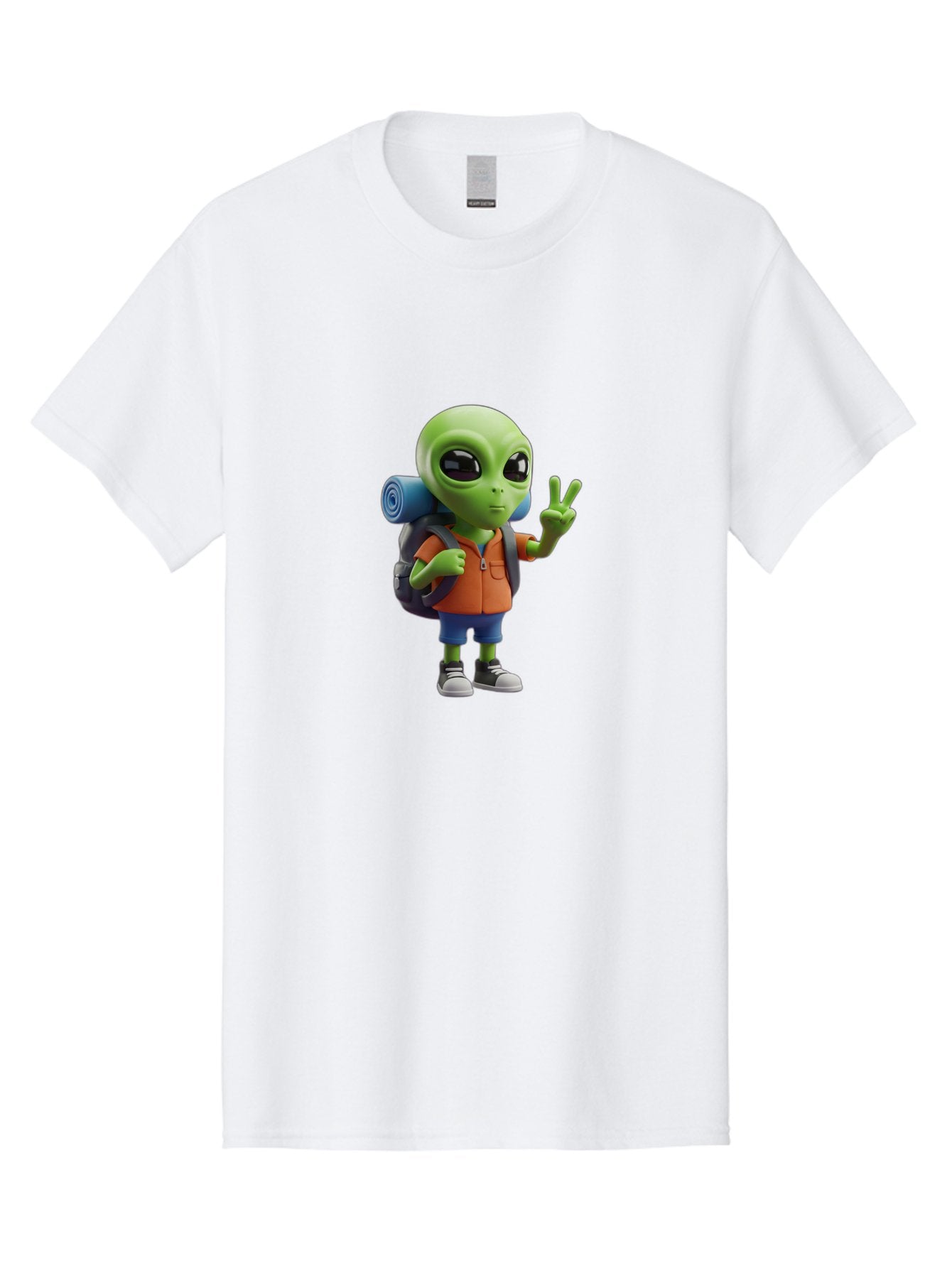 Alien-Hiker Men'S Graphic Tee, 100% Cotton, Comfortable Casual Summer Wear, Machine Washable, Cartoon Alien, Hiking Gear, Peace Sign, Relaxed Pose, 3D Illustration, Casual Clothing, Outdoor Enthusiast, Pop Culture Icon, Fun Design, Bab627