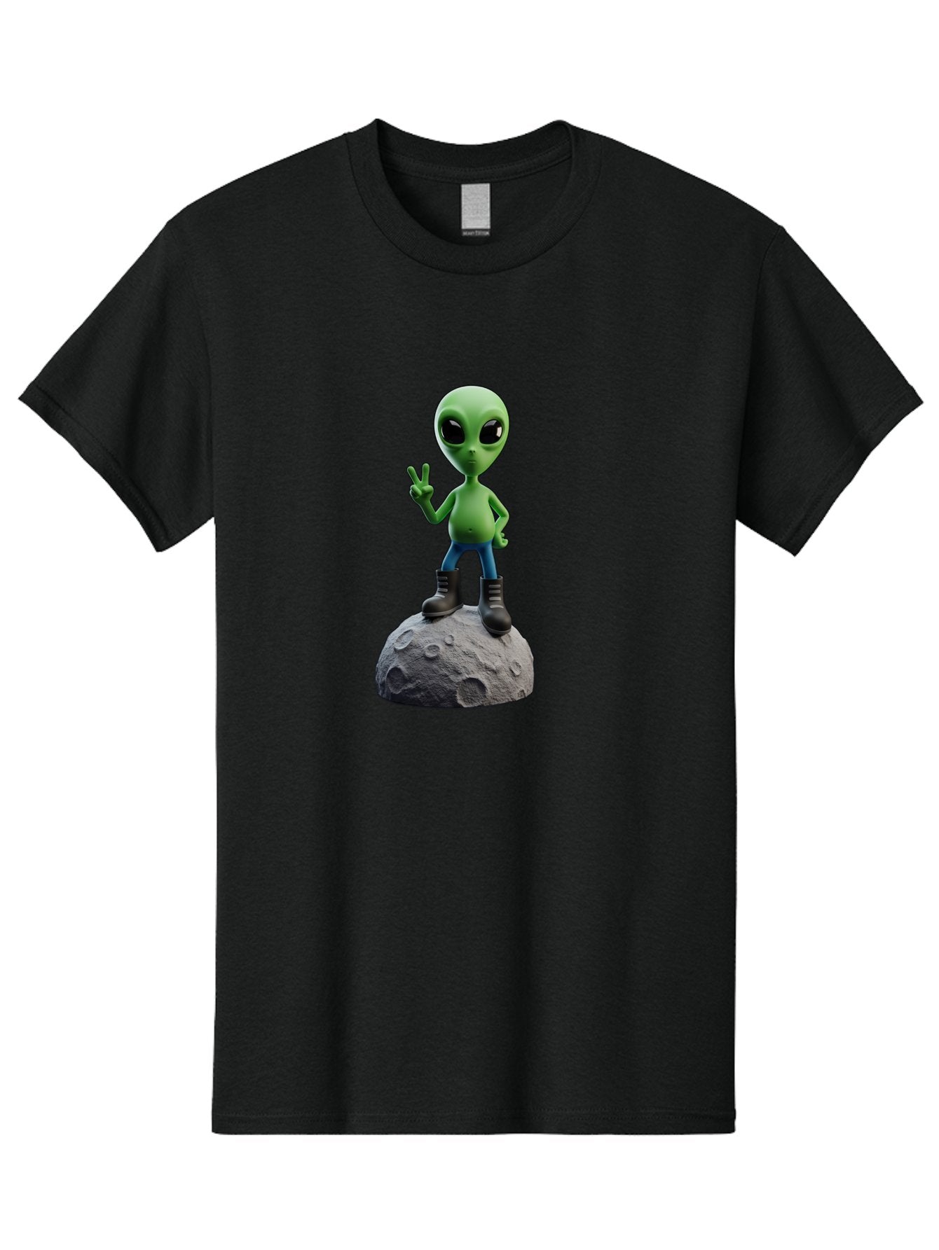 Alien-On-Moon Men'S Graphic Tee, 100% Cotton, Comfortable Casual Summer Wear, Machine Washable, 3D Cartoon Alien, Peace Sign, Moon Surface, Craters, Futuristic, Extraterrestrial Life, Space, Blue Jeans, Black Boots, Quirky, Fun, Playful, Bab628 10