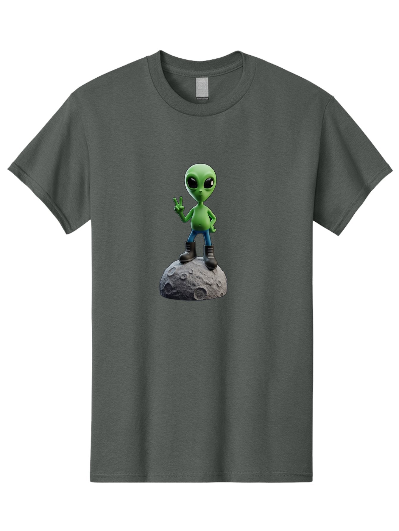 Alien-On-Moon Men'S Graphic Tee, 100% Cotton, Comfortable Casual Summer Wear, Machine Washable, 3D Cartoon Alien, Peace Sign, Moon Surface, Craters, Futuristic, Extraterrestrial Life, Space, Blue Jeans, Black Boots, Quirky, Fun, Playful, Bab628 8