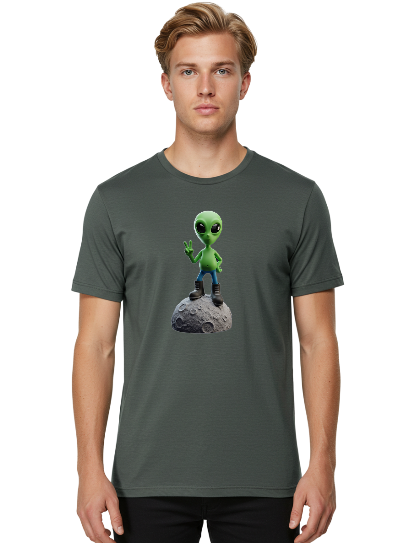 Alien-On-Moon Men'S Graphic Tee, 100% Cotton, Comfortable Casual Summer Wear, Machine Washable, 3D Cartoon Alien, Peace Sign, Moon Surface, Craters, Futuristic, Extraterrestrial Life, Space, Blue Jeans, Black Boots, Quirky, Fun, Playful, Bab628 21
