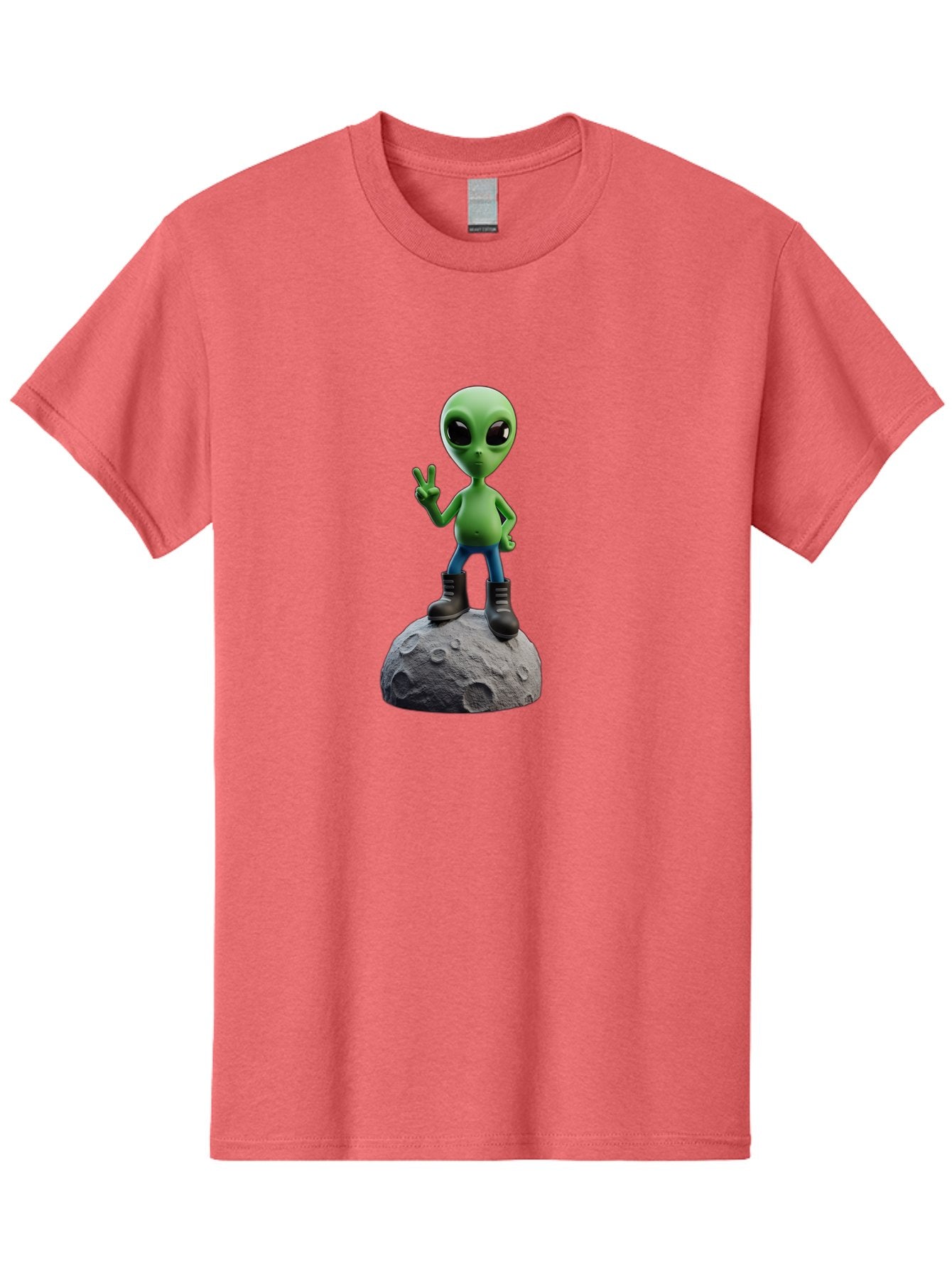 Alien-On-Moon Men'S Graphic Tee, 100% Cotton, Comfortable Casual Summer Wear, Machine Washable, 3D Cartoon Alien, Peace Sign, Moon Surface, Craters, Futuristic, Extraterrestrial Life, Space, Blue Jeans, Black Boots, Quirky, Fun, Playful, Bab628 11