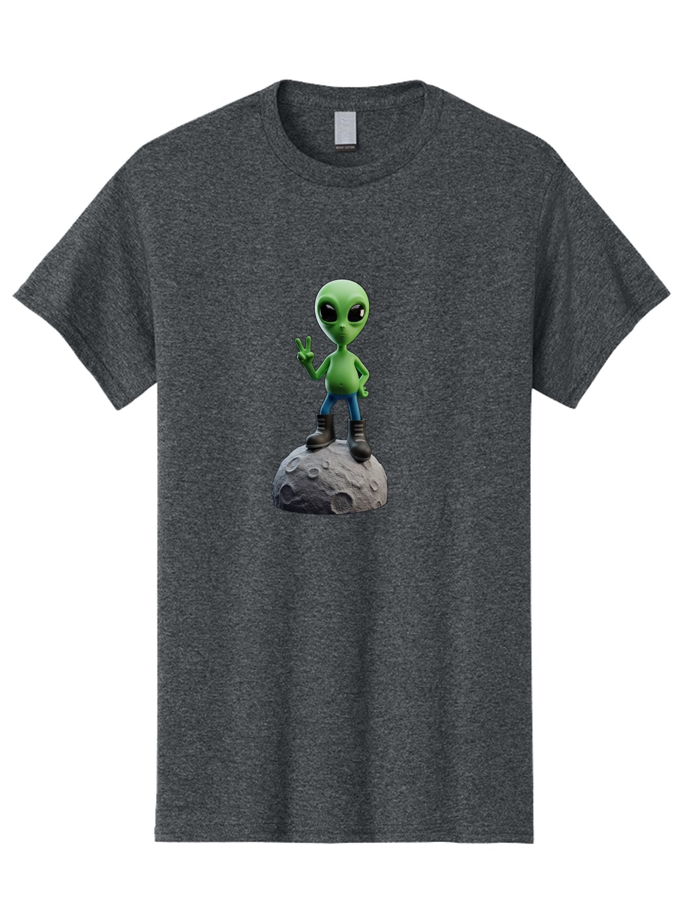 Alien-On-Moon Men'S Graphic Tee, 100% Cotton, Comfortable Casual Summer Wear, Machine Washable, 3D Cartoon Alien, Peace Sign, Moon Surface, Craters, Futuristic, Extraterrestrial Life, Space, Blue Jeans, Black Boots, Quirky, Fun, Playful, Bab628 15