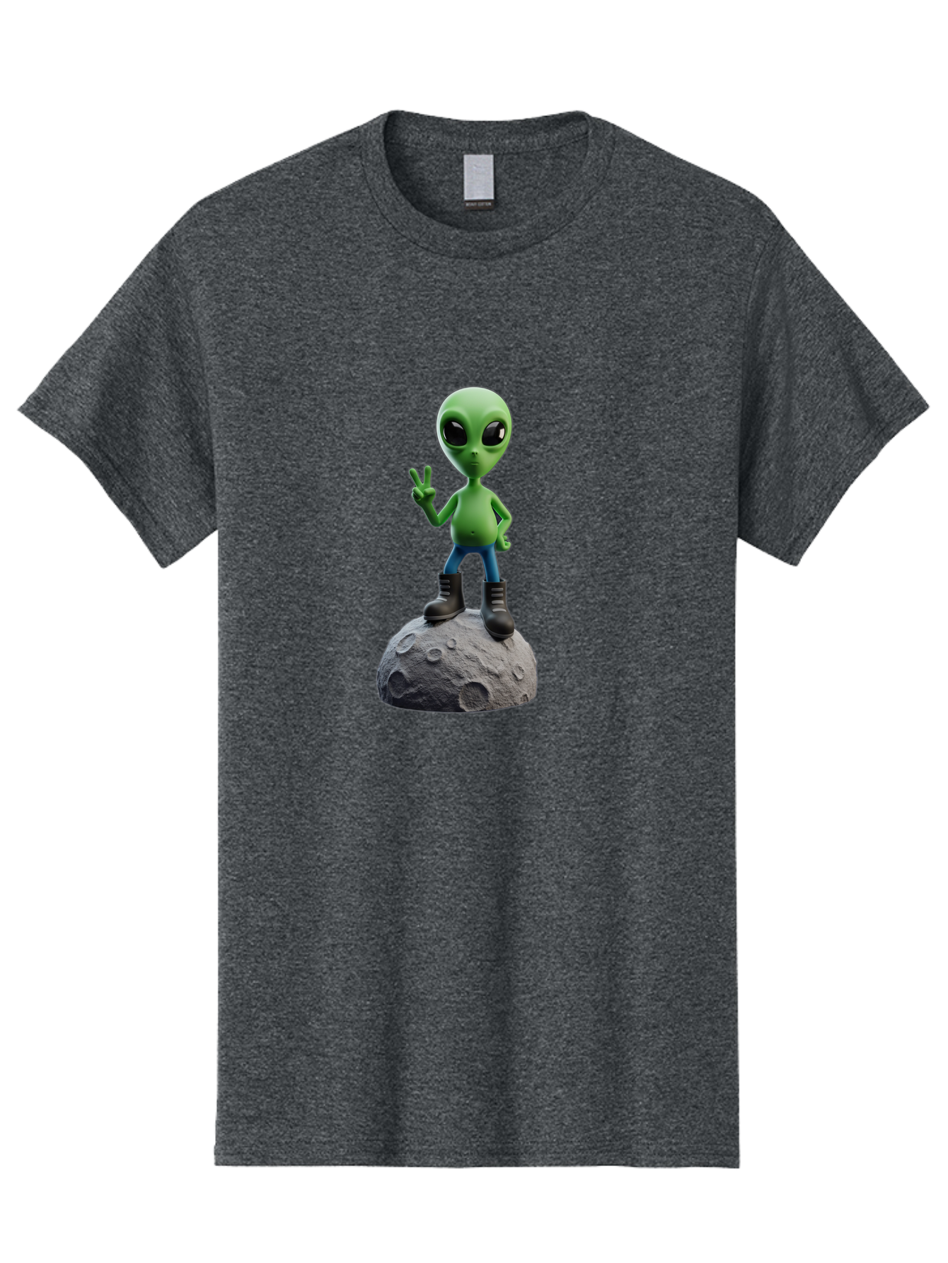 Alien-On-Moon Men'S Graphic Tee, 100% Cotton, Comfortable Casual Summer Wear, Machine Washable, 3D Cartoon Alien, Peace Sign, Moon Surface, Craters, Futuristic, Extraterrestrial Life, Space, Blue Jeans, Black Boots, Quirky, Fun, Playful, Bab628