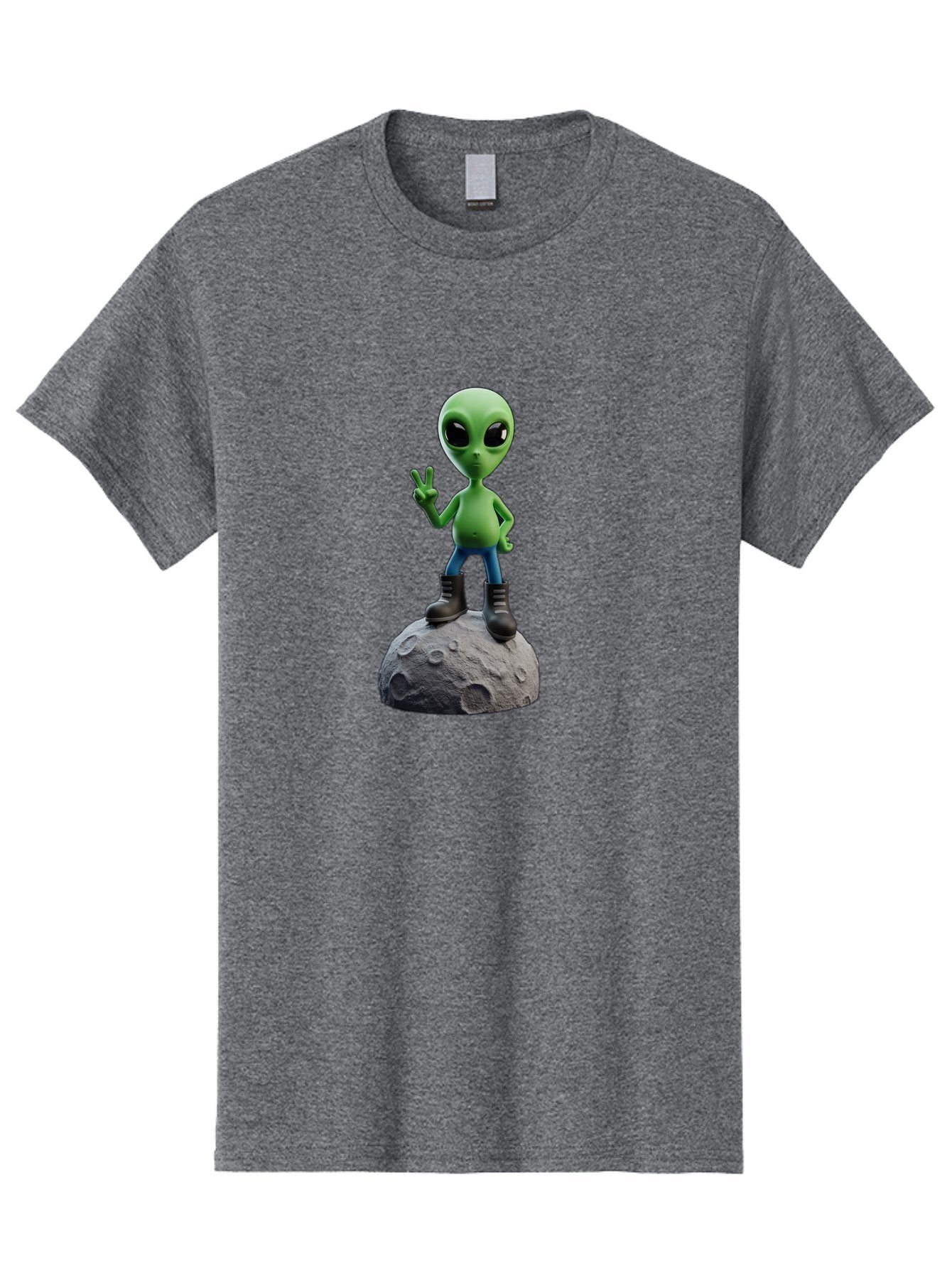 Alien-On-Moon Men'S Graphic Tee, 100% Cotton, Comfortable Casual Summer Wear, Machine Washable, 3D Cartoon Alien, Peace Sign, Moon Surface, Craters, Futuristic, Extraterrestrial Life, Space, Blue Jeans, Black Boots, Quirky, Fun, Playful, Bab628 13