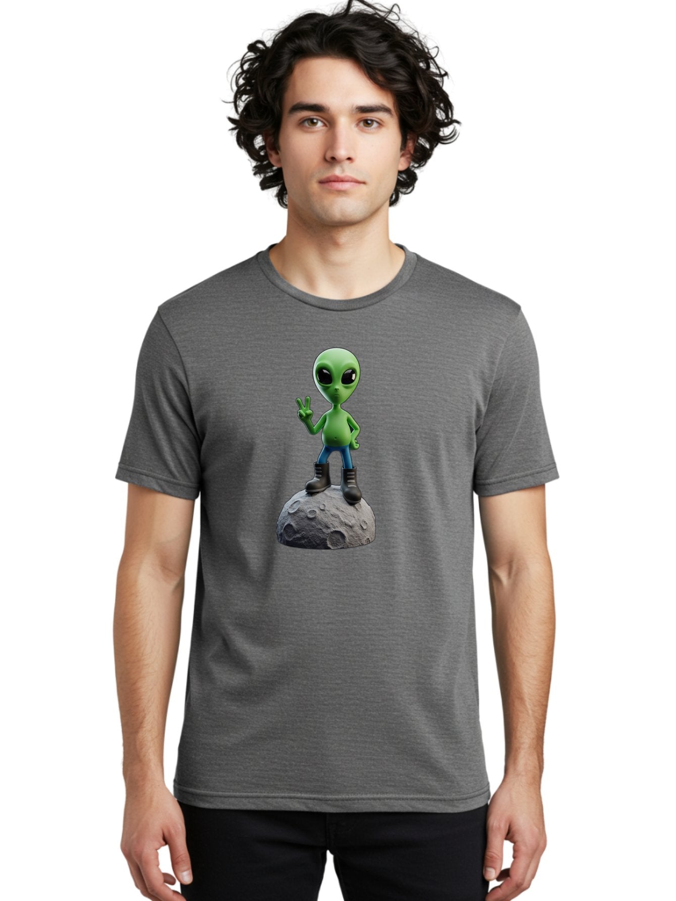 Alien-On-Moon Men'S Graphic Tee, 100% Cotton, Comfortable Casual Summer Wear, Machine Washable, 3D Cartoon Alien, Peace Sign, Moon Surface, Craters, Futuristic, Extraterrestrial Life, Space, Blue Jeans, Black Boots, Quirky, Fun, Playful, Bab628 20