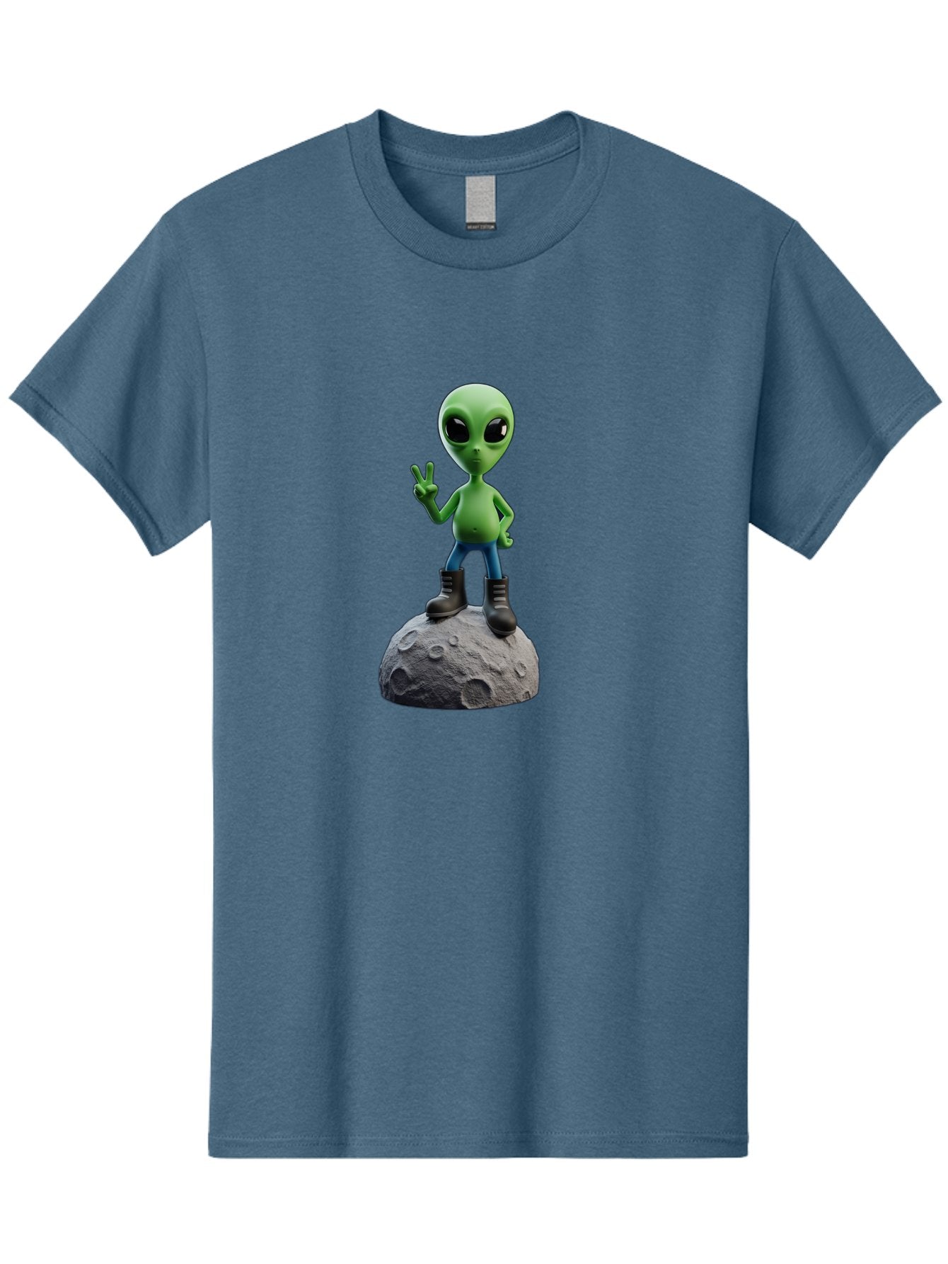 Alien-On-Moon Men'S Graphic Tee, 100% Cotton, Comfortable Casual Summer Wear, Machine Washable, 3D Cartoon Alien, Peace Sign, Moon Surface, Craters, Futuristic, Extraterrestrial Life, Space, Blue Jeans, Black Boots, Quirky, Fun, Playful, Bab628 7
