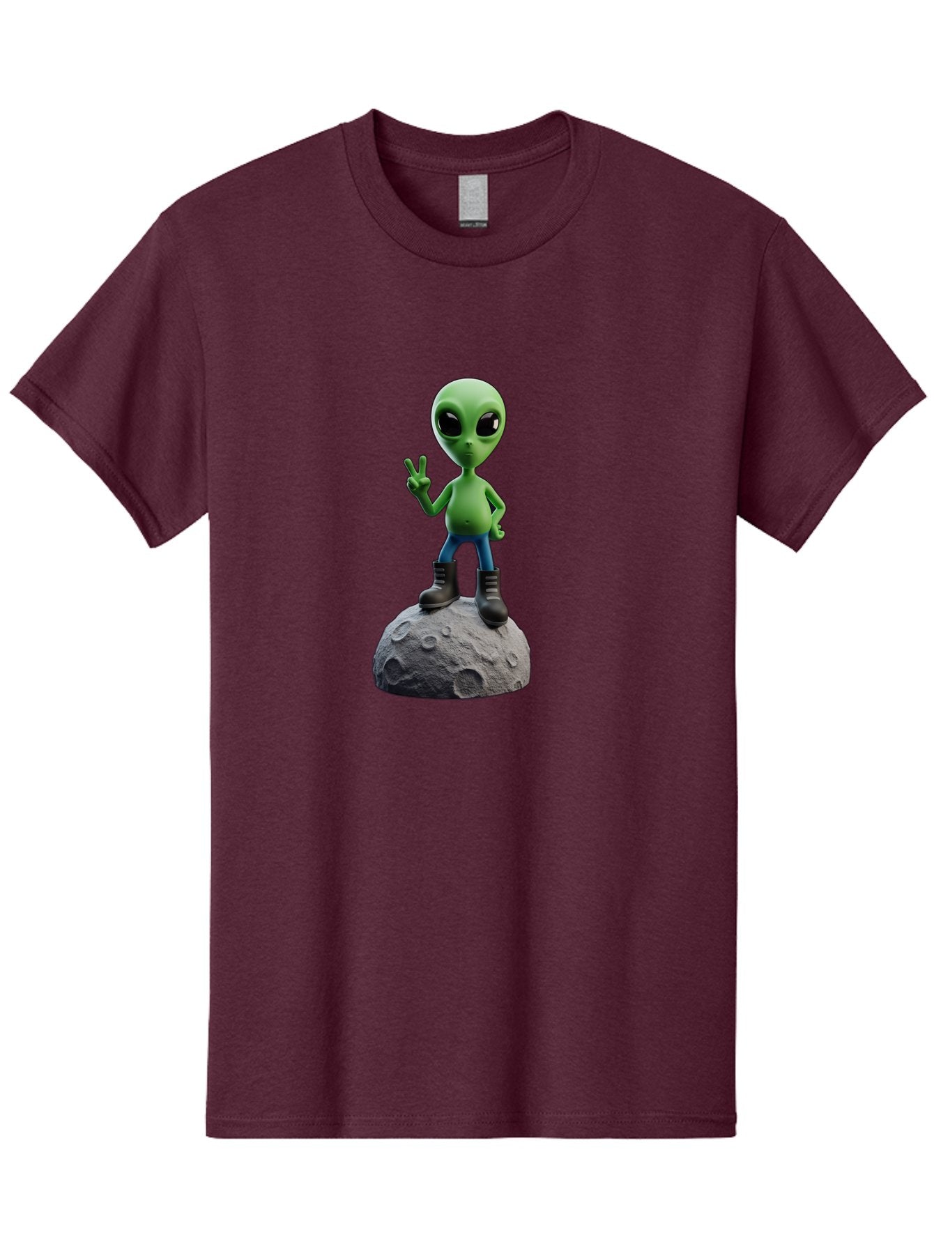Alien-On-Moon Men'S Graphic Tee, 100% Cotton, Comfortable Casual Summer Wear, Machine Washable, 3D Cartoon Alien, Peace Sign, Moon Surface, Craters, Futuristic, Extraterrestrial Life, Space, Blue Jeans, Black Boots, Quirky, Fun, Playful, Bab628 6