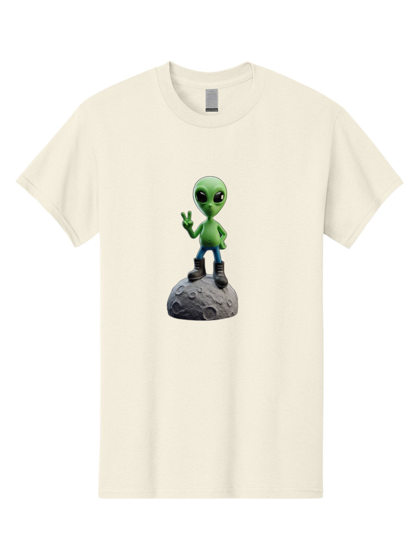 Alien-On-Moon Men'S Graphic Tee, 100% Cotton, Comfortable Casual Summer Wear, Machine Washable, 3D Cartoon Alien, Peace Sign, Moon Surface, Craters, Futuristic, Extraterrestrial Life, Space, Blue Jeans, Black Boots, Quirky, Fun, Playful, Bab628