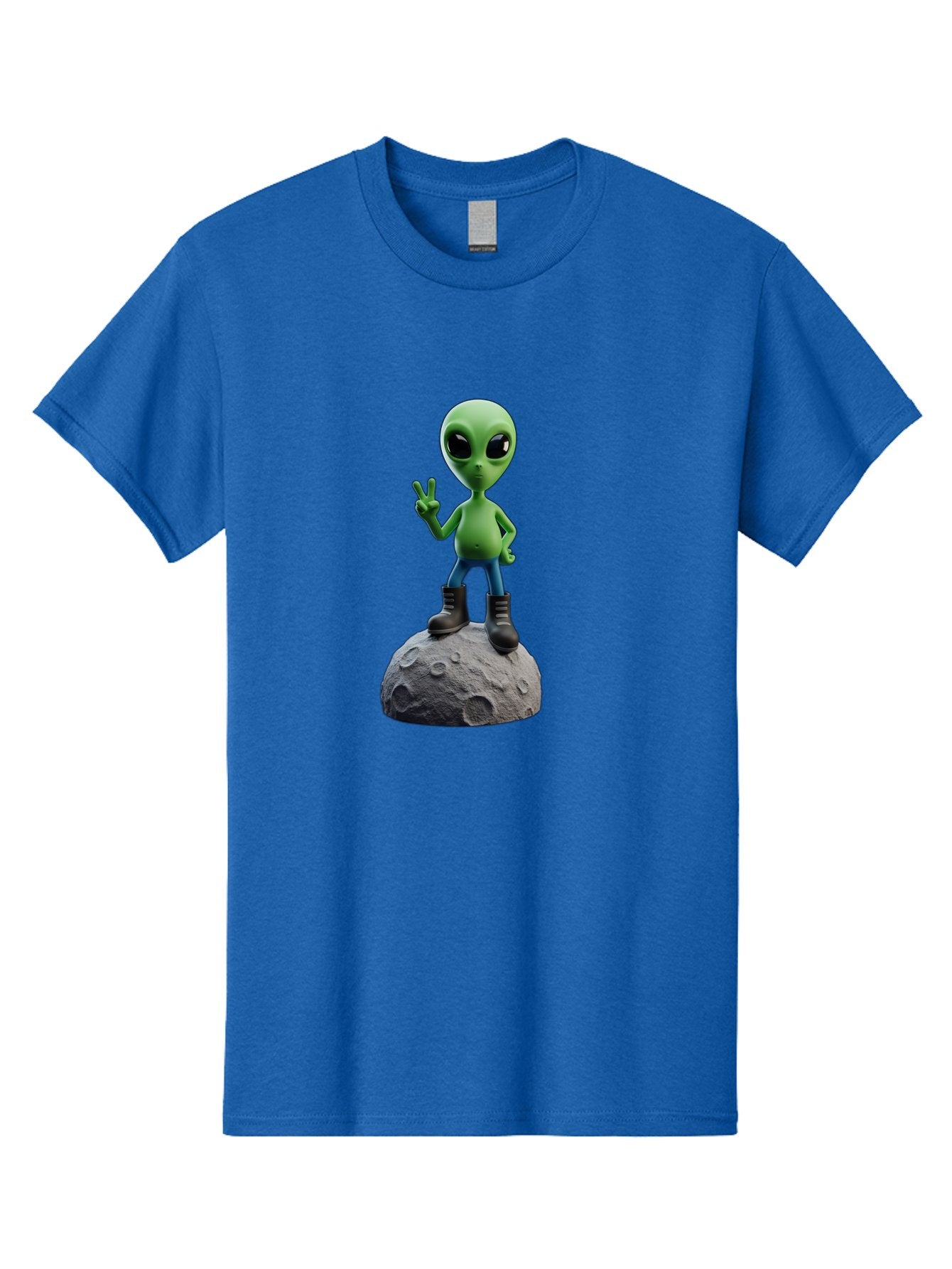 Alien-On-Moon Men'S Graphic Tee, 100% Cotton, Comfortable Casual Summer Wear, Machine Washable, 3D Cartoon Alien, Peace Sign, Moon Surface, Craters, Futuristic, Extraterrestrial Life, Space, Blue Jeans, Black Boots, Quirky, Fun, Playful, Bab628 4