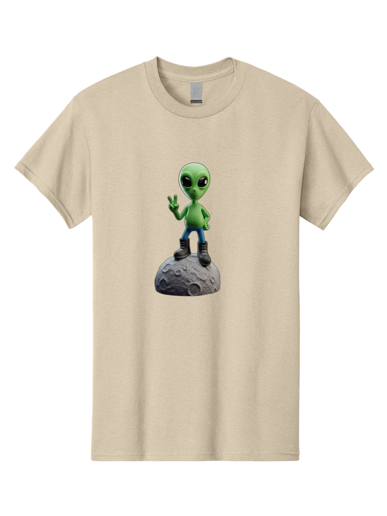 Alien-On-Moon Men'S Graphic Tee, 100% Cotton, Comfortable Casual Summer Wear, Machine Washable, 3D Cartoon Alien, Peace Sign, Moon Surface, Craters, Futuristic, Extraterrestrial Life, Space, Blue Jeans, Black Boots, Quirky, Fun, Playful, Bab628 12