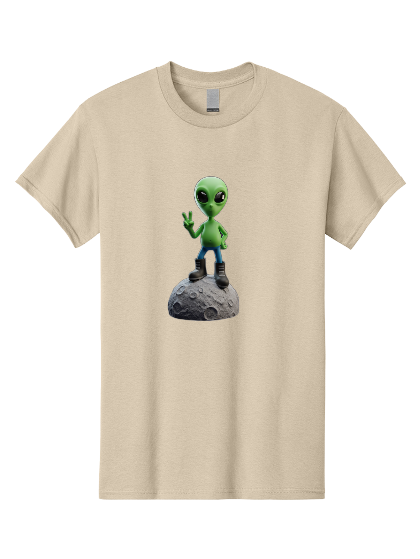 Alien-On-Moon Men'S Graphic Tee, 100% Cotton, Comfortable Casual Summer Wear, Machine Washable, 3D Cartoon Alien, Peace Sign, Moon Surface, Craters, Futuristic, Extraterrestrial Life, Space, Blue Jeans, Black Boots, Quirky, Fun, Playful, Bab628 3