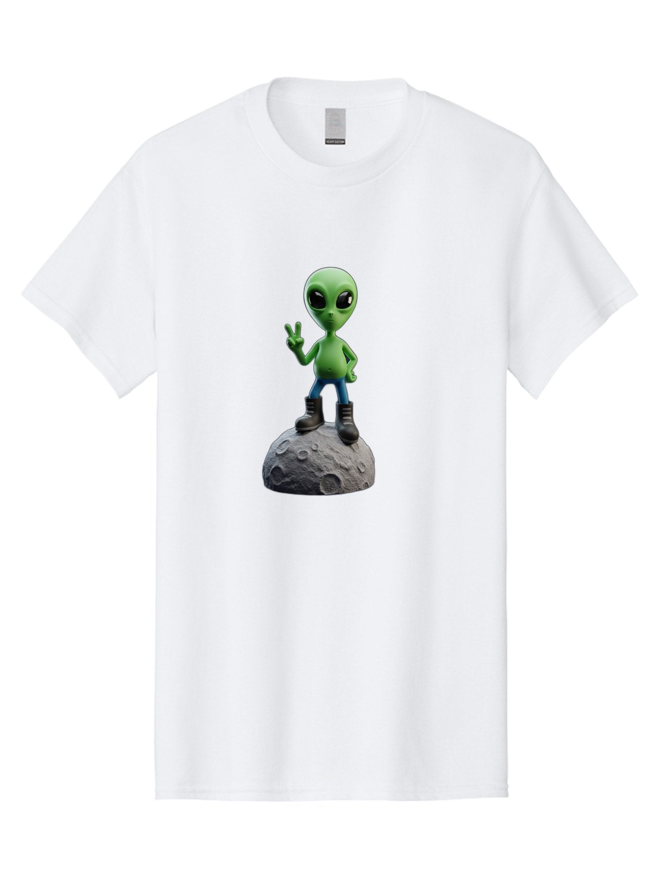 Alien-On-Moon Men'S Graphic Tee, 100% Cotton, Comfortable Casual Summer Wear, Machine Washable, 3D Cartoon Alien, Peace Sign, Moon Surface, Craters, Futuristic, Extraterrestrial Life, Space, Blue Jeans, Black Boots, Quirky, Fun, Playful, Bab628 14