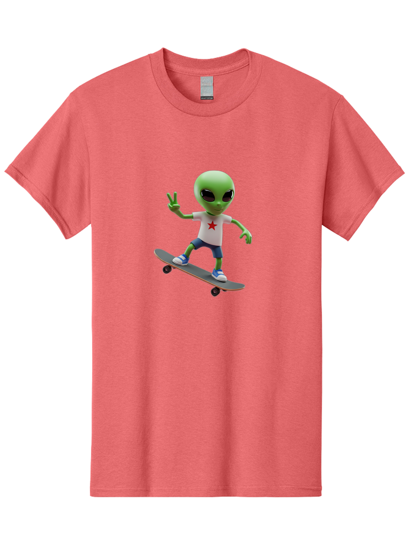 Alien-On-Skateboard Men'S Graphic Tee, 100% Cotton, Comfortable Casual Summer Wear, Machine Washable, Alien Skateboarder, Extraterrestrial On A Board, Funny Alien, 3D Cartoon Character, Skateboarding Alien, Peace Sign, Red Star Shirt, Bab629