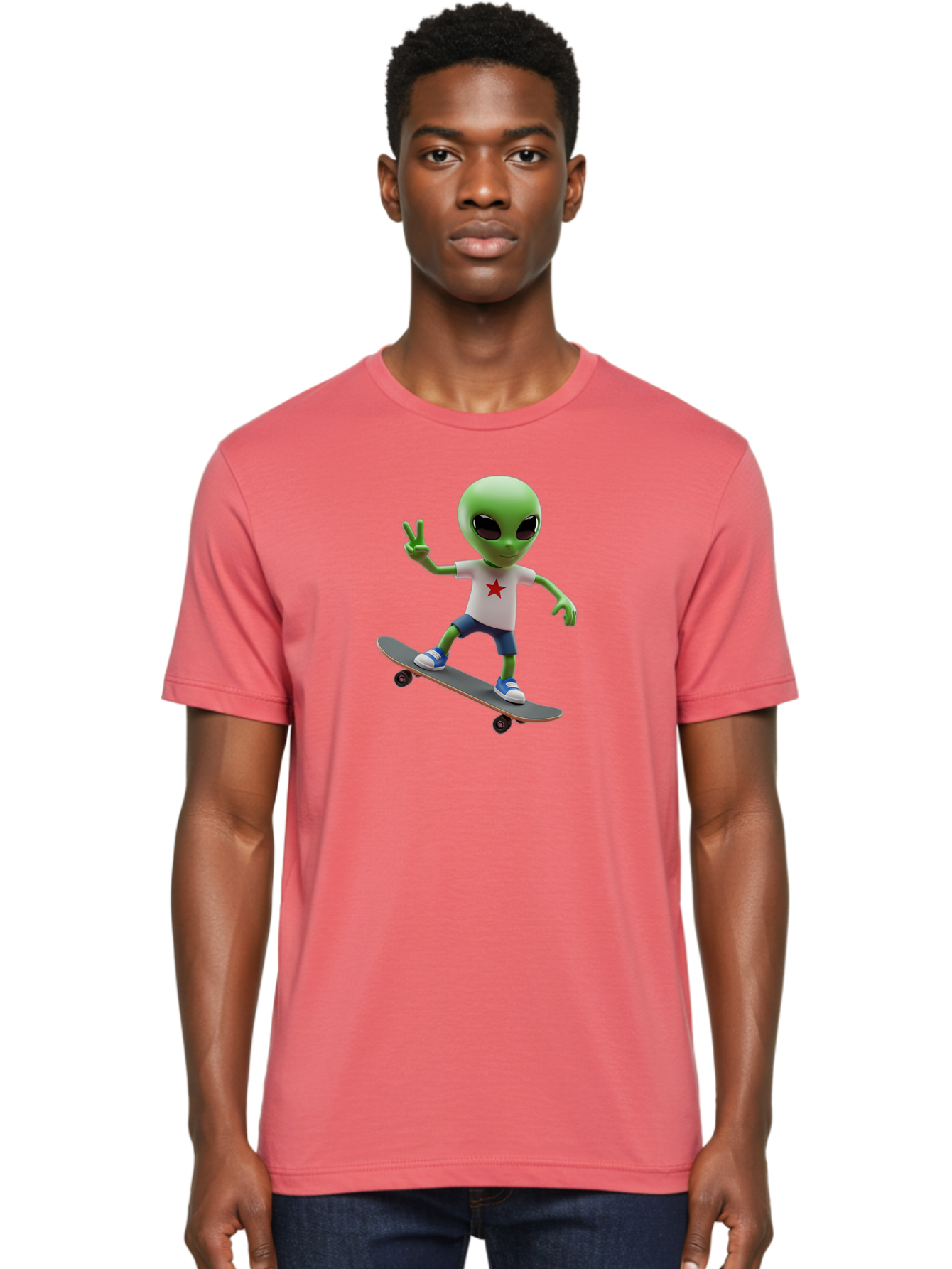 Alien-On-Skateboard Men'S Graphic Tee, 100% Cotton, Comfortable Casual Summer Wear, Machine Washable, Alien Skateboarder, Extraterrestrial On A Board, Funny Alien, 3D Cartoon Character, Skateboarding Alien, Peace Sign, Red Star Shirt, Bab629 16