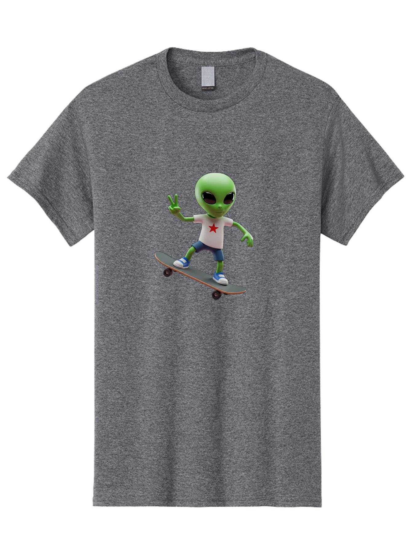 Alien-On-Skateboard Men'S Graphic Tee, 100% Cotton, Comfortable Casual Summer Wear, Machine Washable, Alien Skateboarder, Extraterrestrial On A Board, Funny Alien, 3D Cartoon Character, Skateboarding Alien, Peace Sign, Red Star Shirt, Bab629