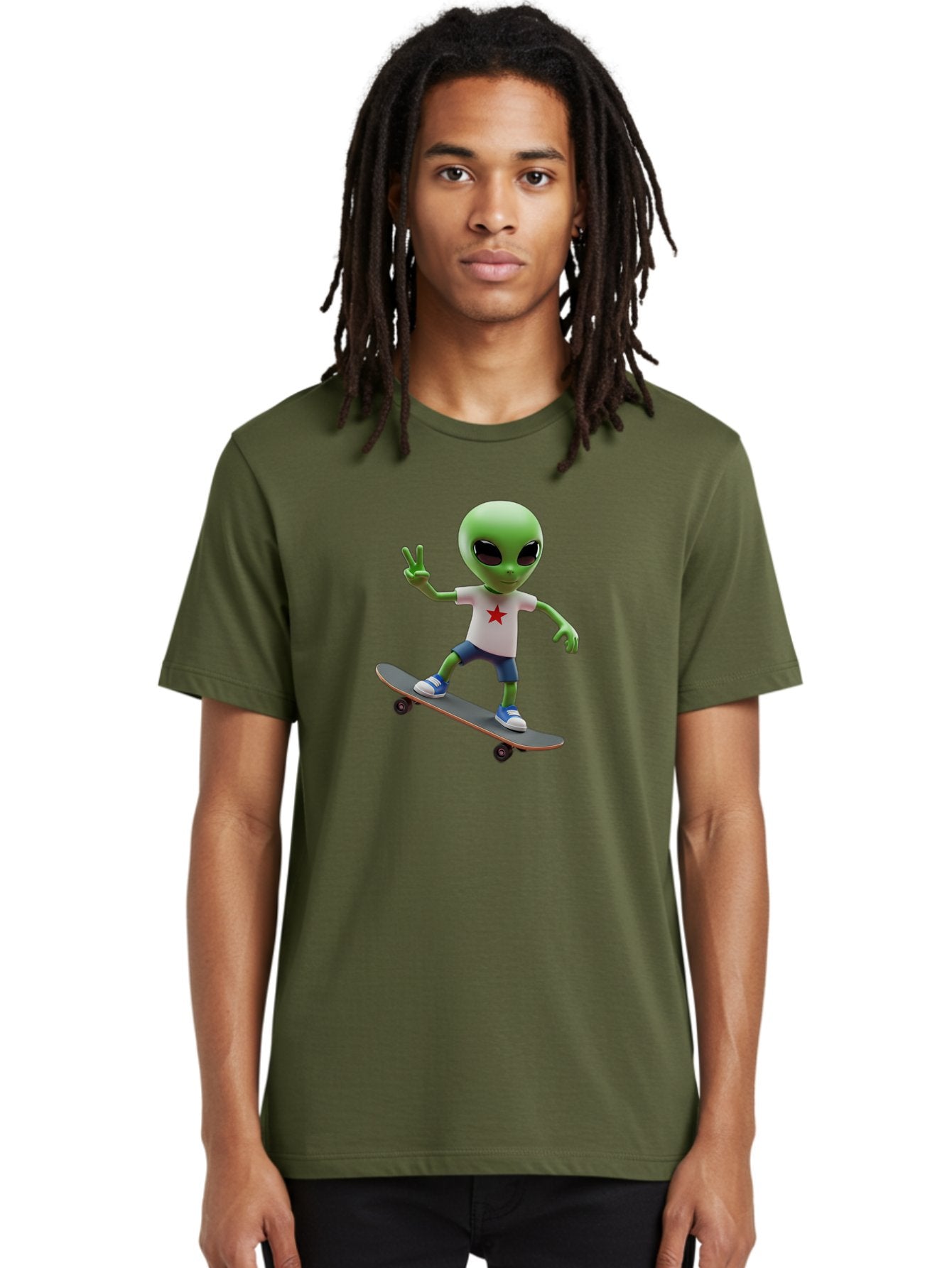 Alien-On-Skateboard Men'S Graphic Tee, 100% Cotton, Comfortable Casual Summer Wear, Machine Washable, Alien Skateboarder, Extraterrestrial On A Board, Funny Alien, 3D Cartoon Character, Skateboarding Alien, Peace Sign, Red Star Shirt, Bab629 28