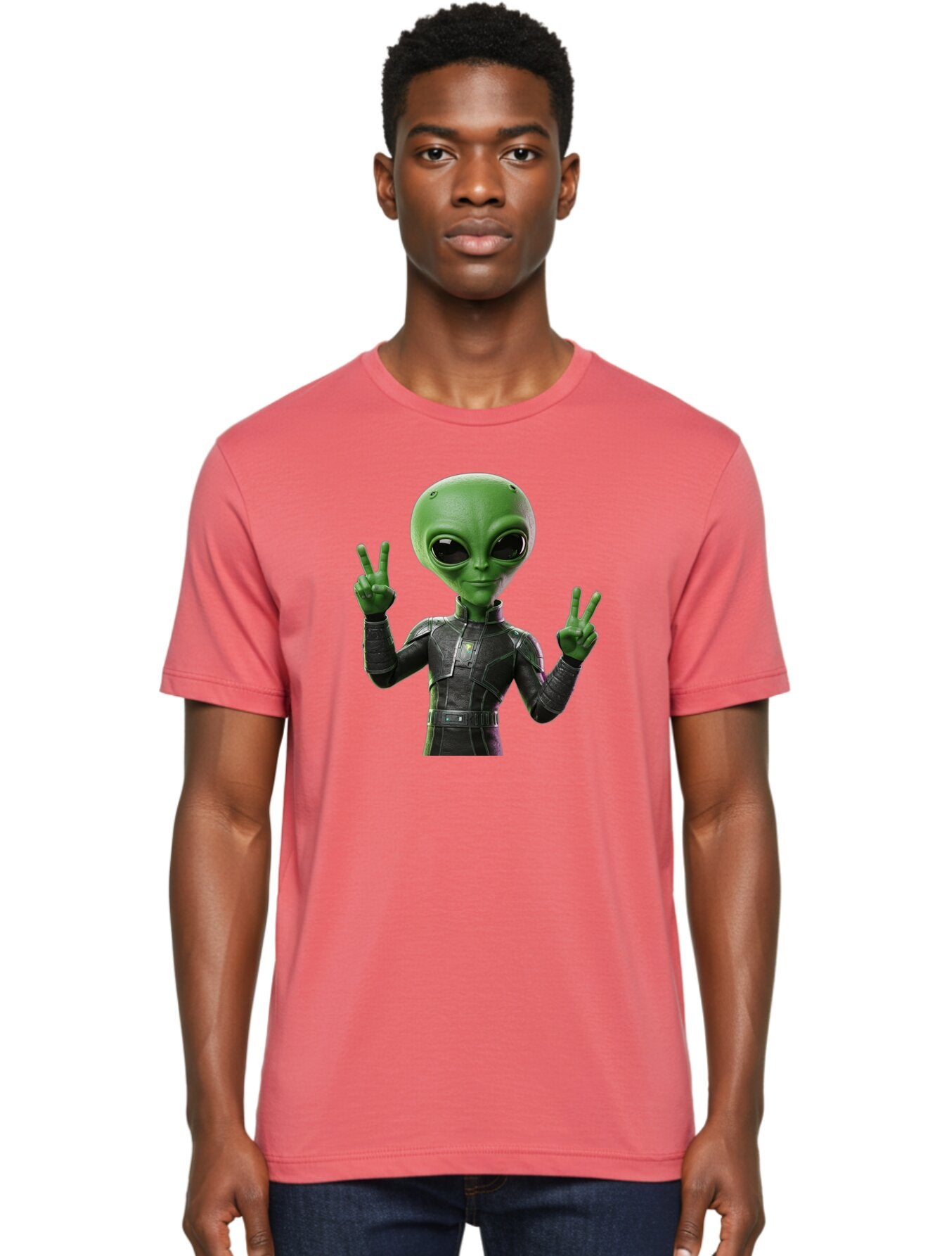 Alien-Peace-Sign-1 Men'S Graphic Tee, 100% Cotton, Comfortable Casual Summer Wear, Machine Washable, Alien Character, Peace Sign Gesture, Extraterrestrial Being, Futuristic Attire, Sci-Fi Design, Friendly Demeanor, Funny Face, V Sign, Bab630 22