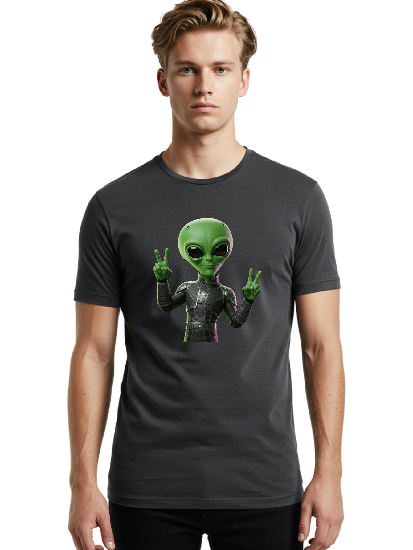 Alien-Peace-Sign-1 Men'S Graphic Tee, 100% Cotton, Comfortable Casual Summer Wear, Machine Washable, Alien Character, Peace Sign Gesture, Extraterrestrial Being, Futuristic Attire, Sci-Fi Design, Friendly Demeanor, Funny Face, V Sign, Bab630 26