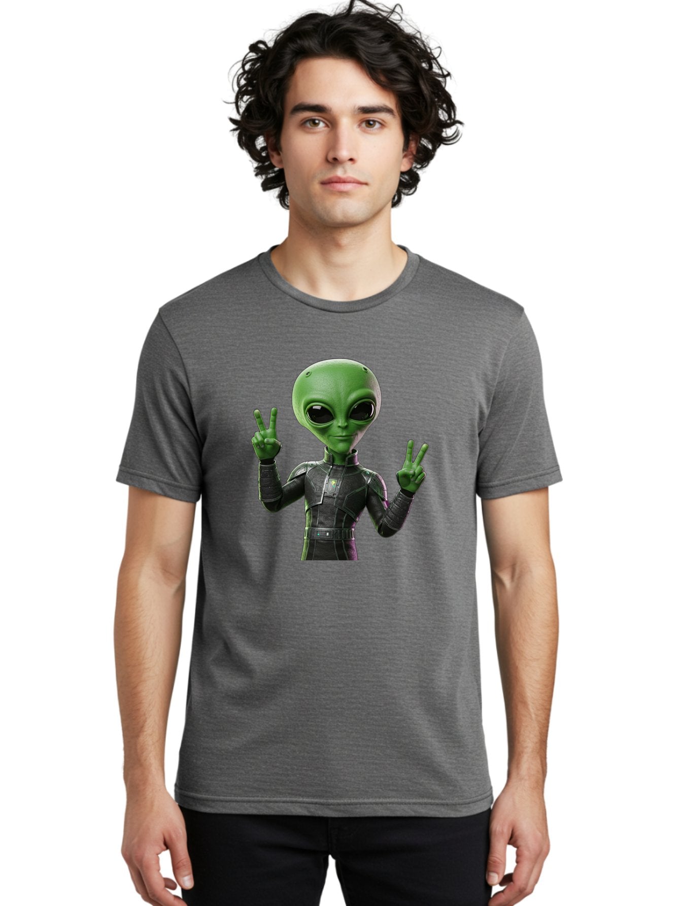 Alien-Peace-Sign-1 Men'S Graphic Tee, 100% Cotton, Comfortable Casual Summer Wear, Machine Washable, Alien Character, Peace Sign Gesture, Extraterrestrial Being, Futuristic Attire, Sci-Fi Design, Friendly Demeanor, Funny Face, V Sign, Bab630 28