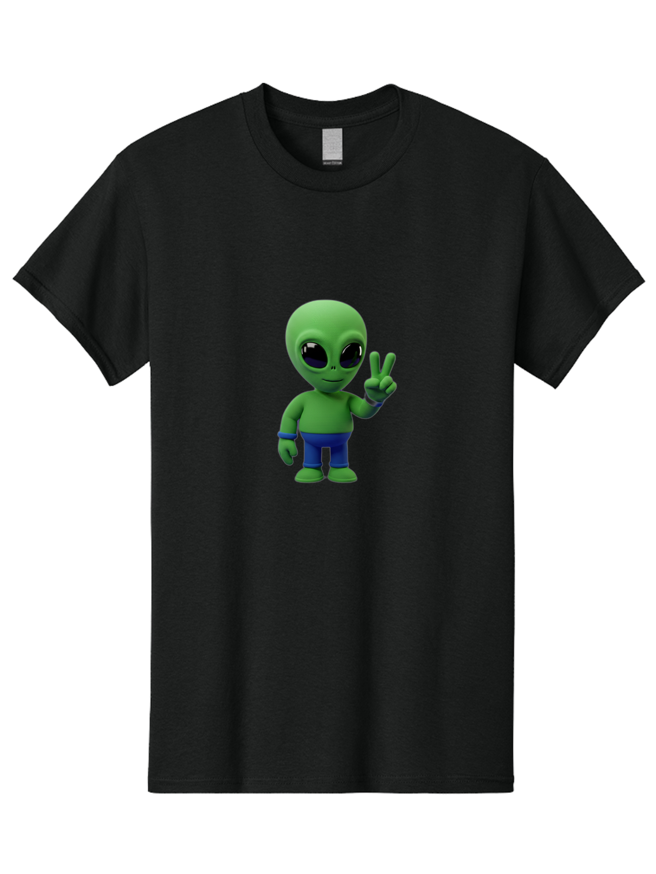 Alien-Peace-Sign-3 Men'S Graphic Tee, 100% Cotton, Comfortable Casual Summer Wear, Machine Washable, Cartoon Alien, Peace Sign, Blue Pants, Blue Bracelet, Friendly Gesture, 3D Character, Space Creature, Fun Design, Playful Pose, Kawaii Style Bab632 12