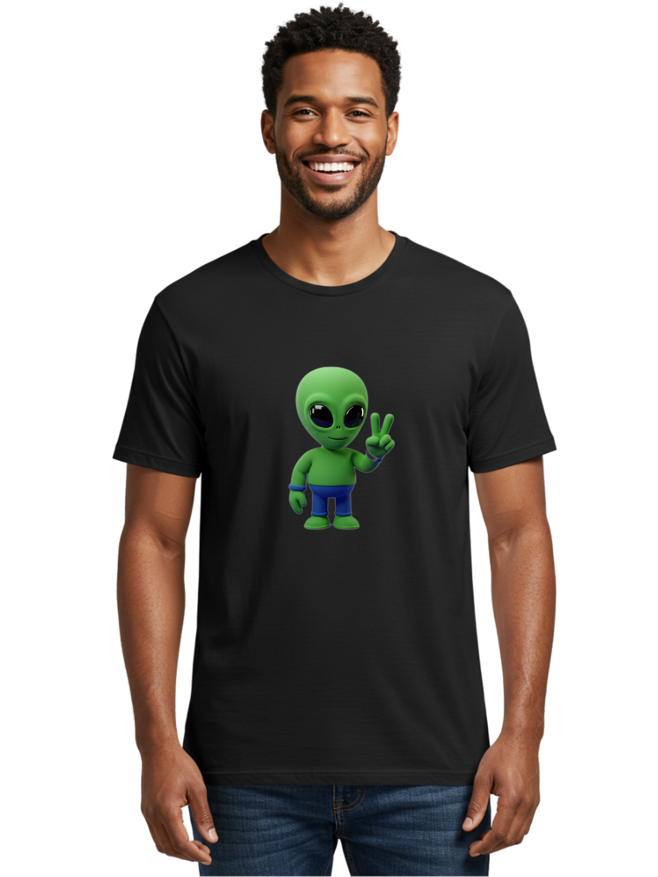 Alien-Peace-Sign-3 Men'S Graphic Tee, 100% Cotton, Comfortable Casual Summer Wear, Machine Washable, Cartoon Alien, Peace Sign, Blue Pants, Blue Bracelet, Friendly Gesture, 3D Character, Space Creature, Fun Design, Playful Pose, Kawaii Style Bab632 27