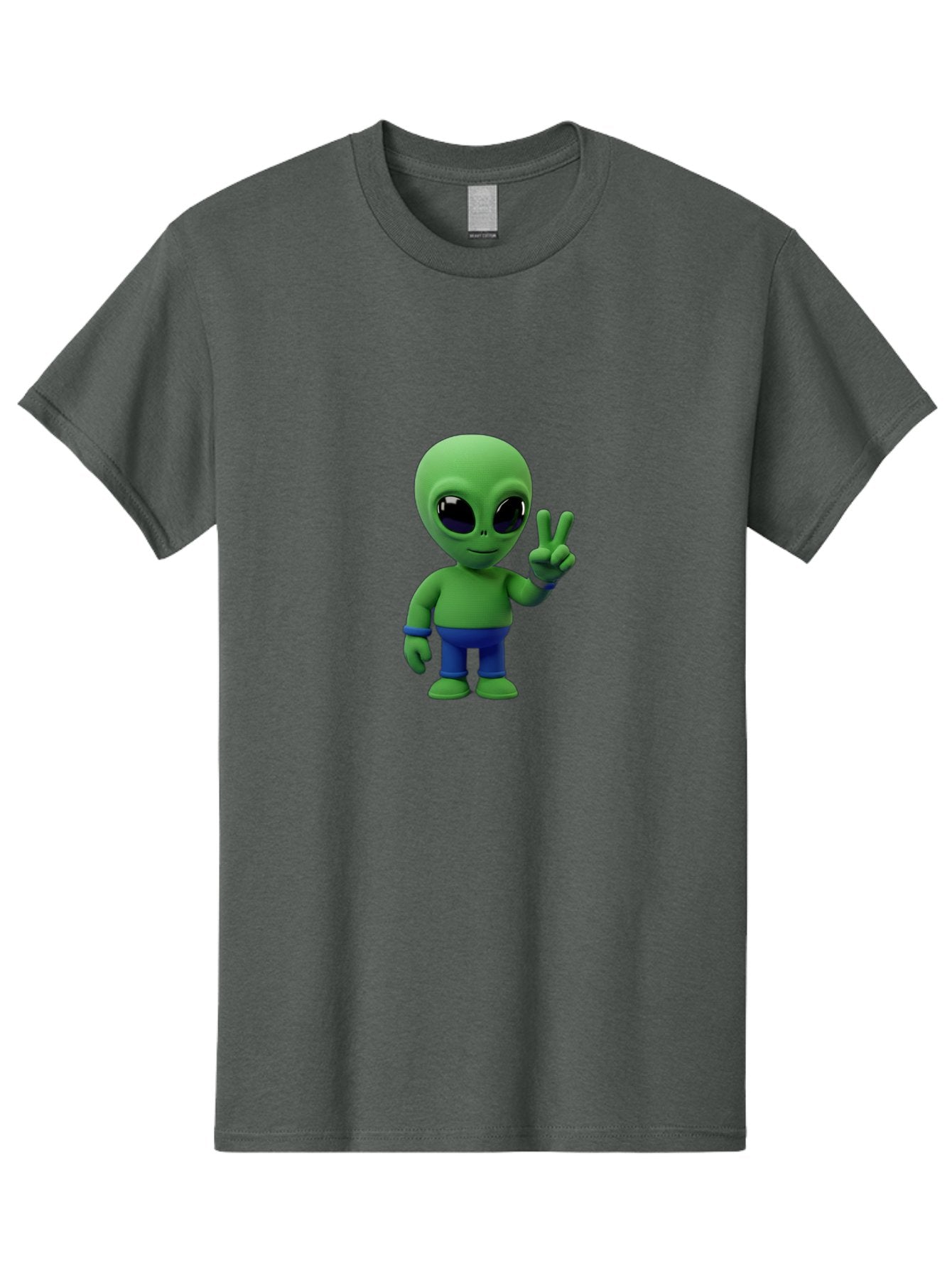 Alien-Peace-Sign-3 Men'S Graphic Tee, 100% Cotton, Comfortable Casual Summer Wear, Machine Washable, Cartoon Alien, Peace Sign, Blue Pants, Blue Bracelet, Friendly Gesture, 3D Character, Space Creature, Fun Design, Playful Pose, Kawaii Style Bab632 9