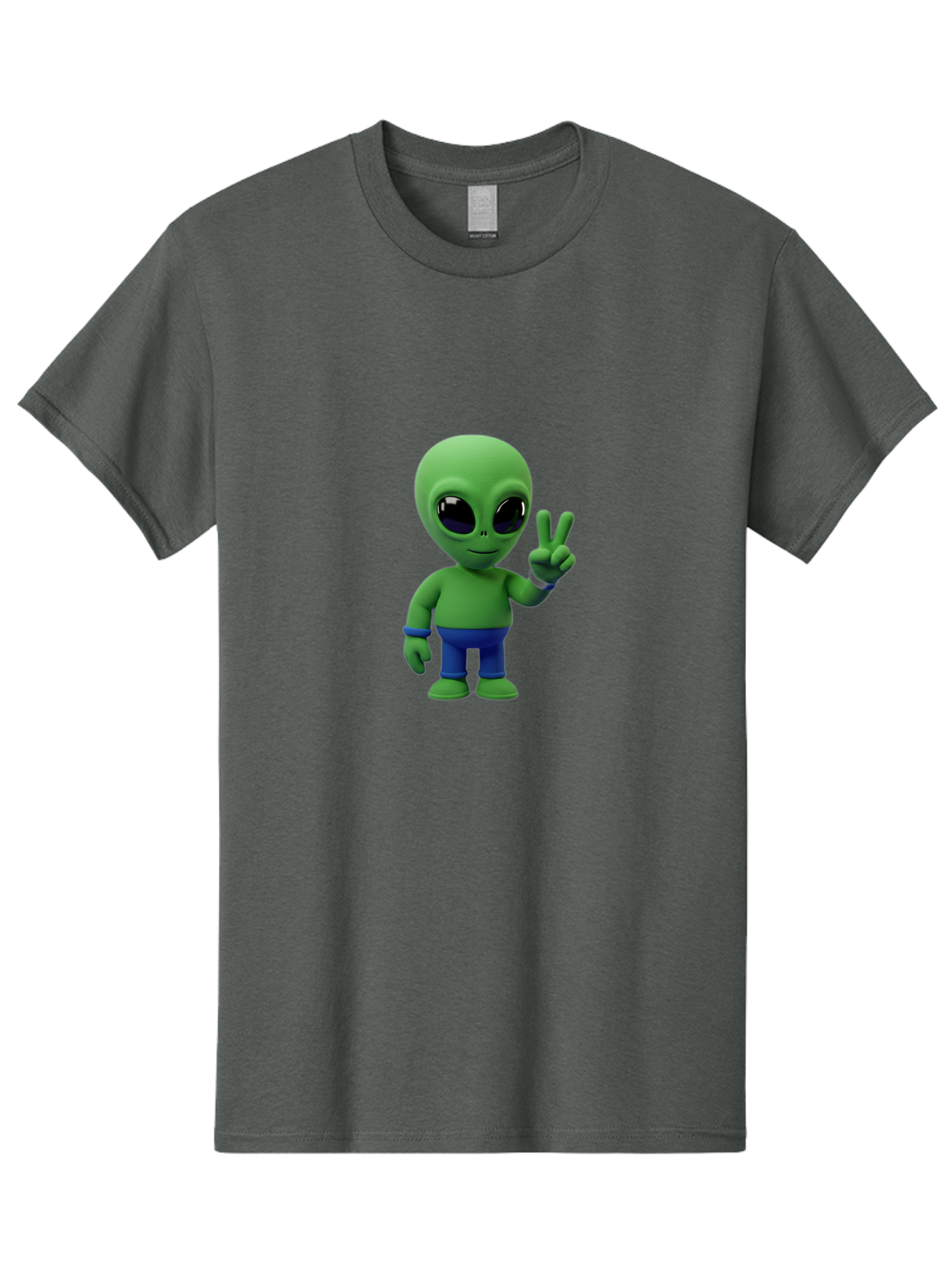 Alien-Peace-Sign-3 Men'S Graphic Tee, 100% Cotton, Comfortable Casual Summer Wear, Machine Washable, Cartoon Alien, Peace Sign, Blue Pants, Blue Bracelet, Friendly Gesture, 3D Character, Space Creature, Fun Design, Playful Pose, Kawaii Style Bab632 5