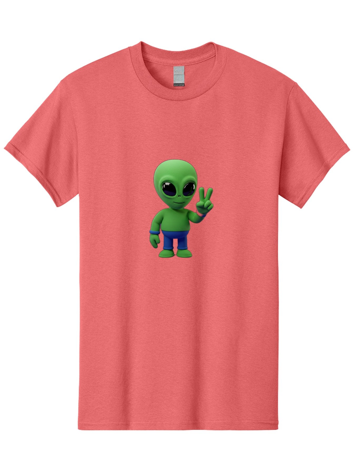 Alien-Peace-Sign-3 Men'S Graphic Tee, 100% Cotton, Comfortable Casual Summer Wear, Machine Washable, Cartoon Alien, Peace Sign, Blue Pants, Blue Bracelet, Friendly Gesture, 3D Character, Space Creature, Fun Design, Playful Pose, Kawaii Style Bab632 6
