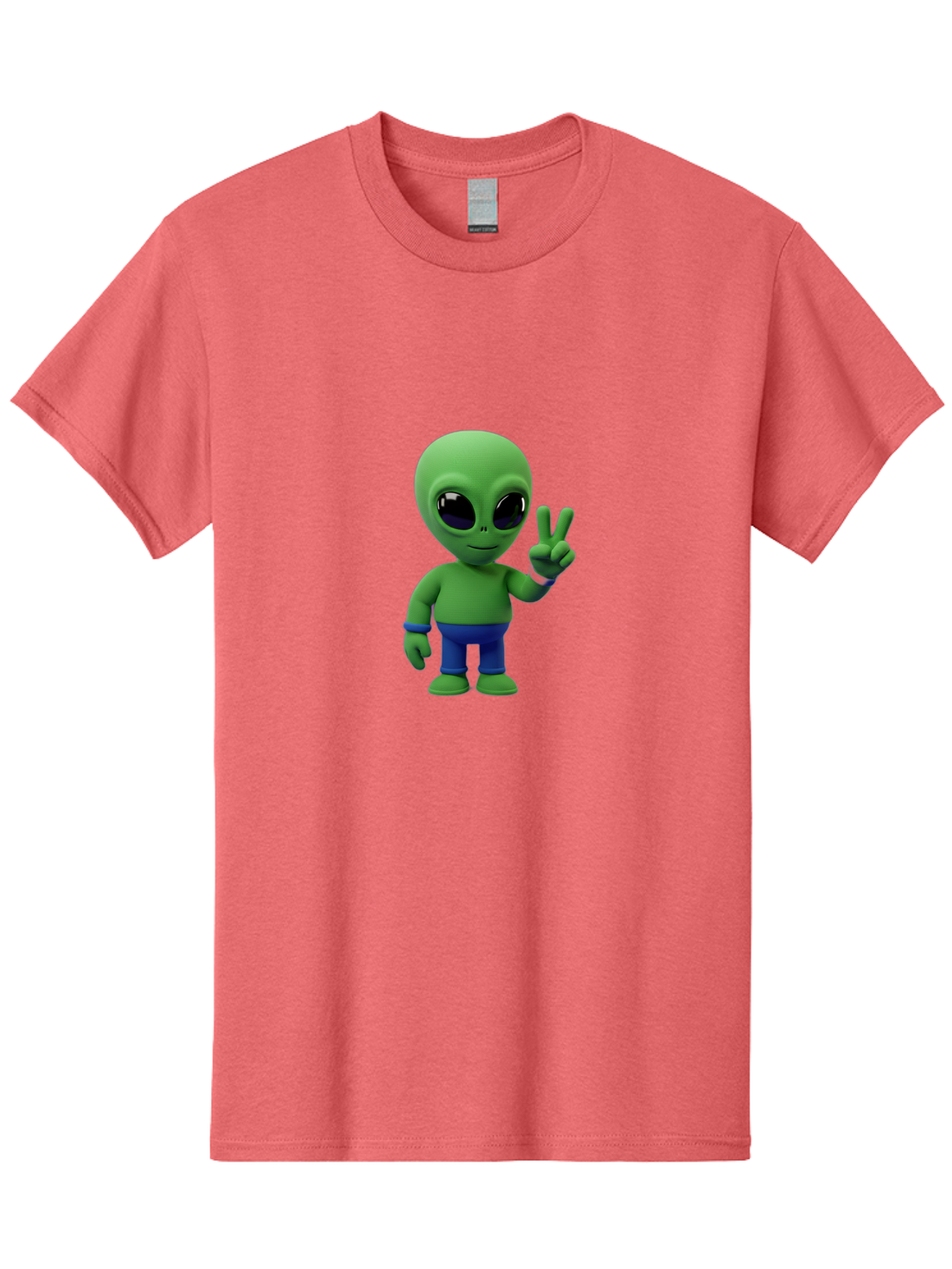 Alien-Peace-Sign-3 Men'S Graphic Tee, 100% Cotton, Comfortable Casual Summer Wear, Machine Washable, Cartoon Alien, Peace Sign, Blue Pants, Blue Bracelet, Friendly Gesture, 3D Character, Space Creature, Fun Design, Playful Pose, Kawaii Style Bab632 7