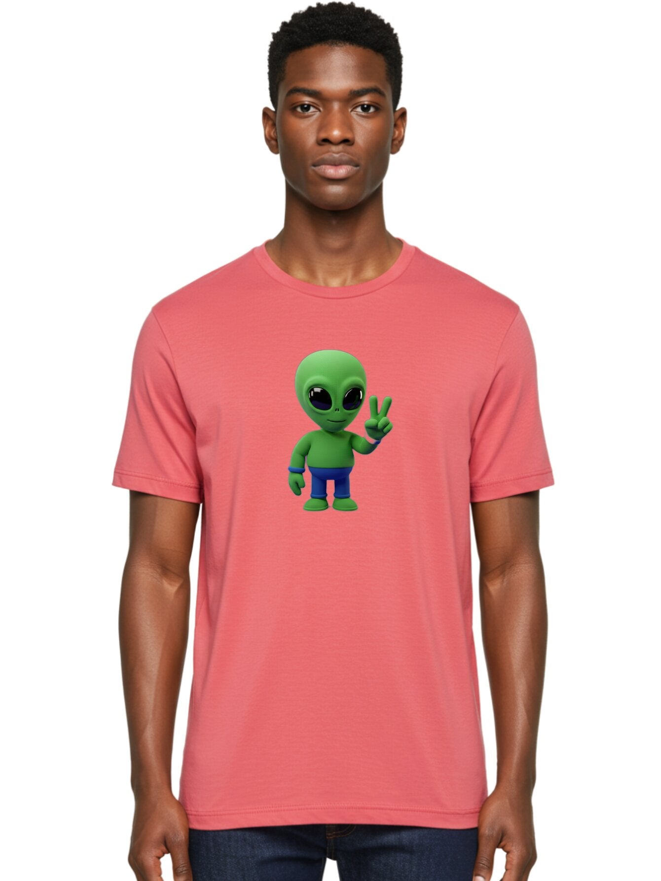 Alien-Peace-Sign-3 Men'S Graphic Tee, 100% Cotton, Comfortable Casual Summer Wear, Machine Washable, Cartoon Alien, Peace Sign, Blue Pants, Blue Bracelet, Friendly Gesture, 3D Character, Space Creature, Fun Design, Playful Pose, Kawaii Style Bab632 24