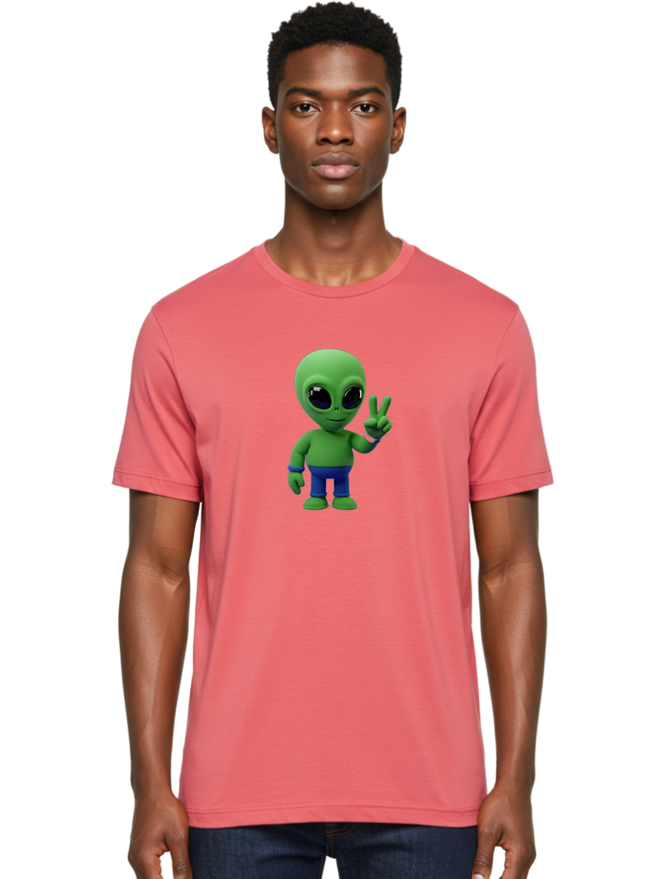 Alien-Peace-Sign-3 Men'S Graphic Tee, 100% Cotton, Comfortable Casual Summer Wear, Machine Washable, Cartoon Alien, Peace Sign, Blue Pants, Blue Bracelet, Friendly Gesture, 3D Character, Space Creature, Fun Design, Playful Pose, Kawaii Style Bab632 22