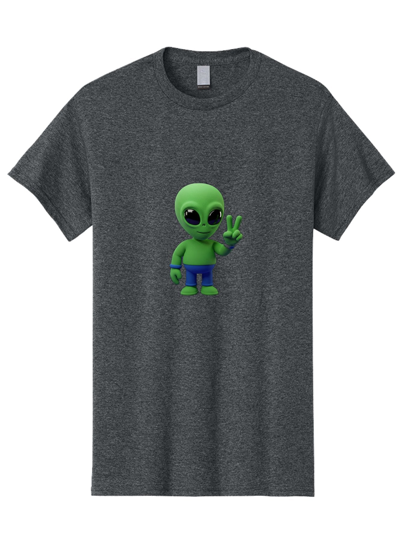 Alien-Peace-Sign-3 Men'S Graphic Tee, 100% Cotton, Comfortable Casual Summer Wear, Machine Washable, Cartoon Alien, Peace Sign, Blue Pants, Blue Bracelet, Friendly Gesture, 3D Character, Space Creature, Fun Design, Playful Pose, Kawaii Style Bab632 7