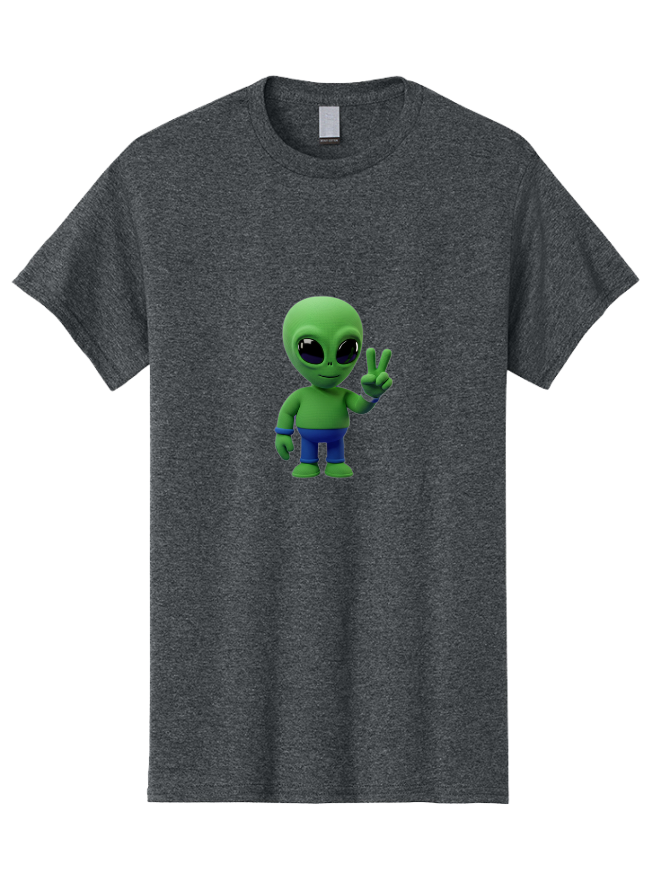 Alien-Peace-Sign-3 Men'S Graphic Tee, 100% Cotton, Comfortable Casual Summer Wear, Machine Washable, Cartoon Alien, Peace Sign, Blue Pants, Blue Bracelet, Friendly Gesture, 3D Character, Space Creature, Fun Design, Playful Pose, Kawaii Style Bab632 13