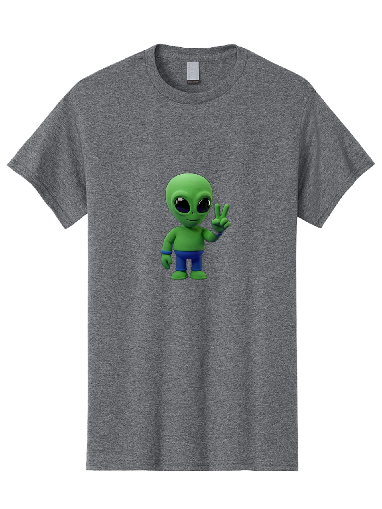 Alien-Peace-Sign-3 Men'S Graphic Tee, 100% Cotton, Comfortable Casual Summer Wear, Machine Washable, Cartoon Alien, Peace Sign, Blue Pants, Blue Bracelet, Friendly Gesture, 3D Character, Space Creature, Fun Design, Playful Pose, Kawaii Style Bab632 11
