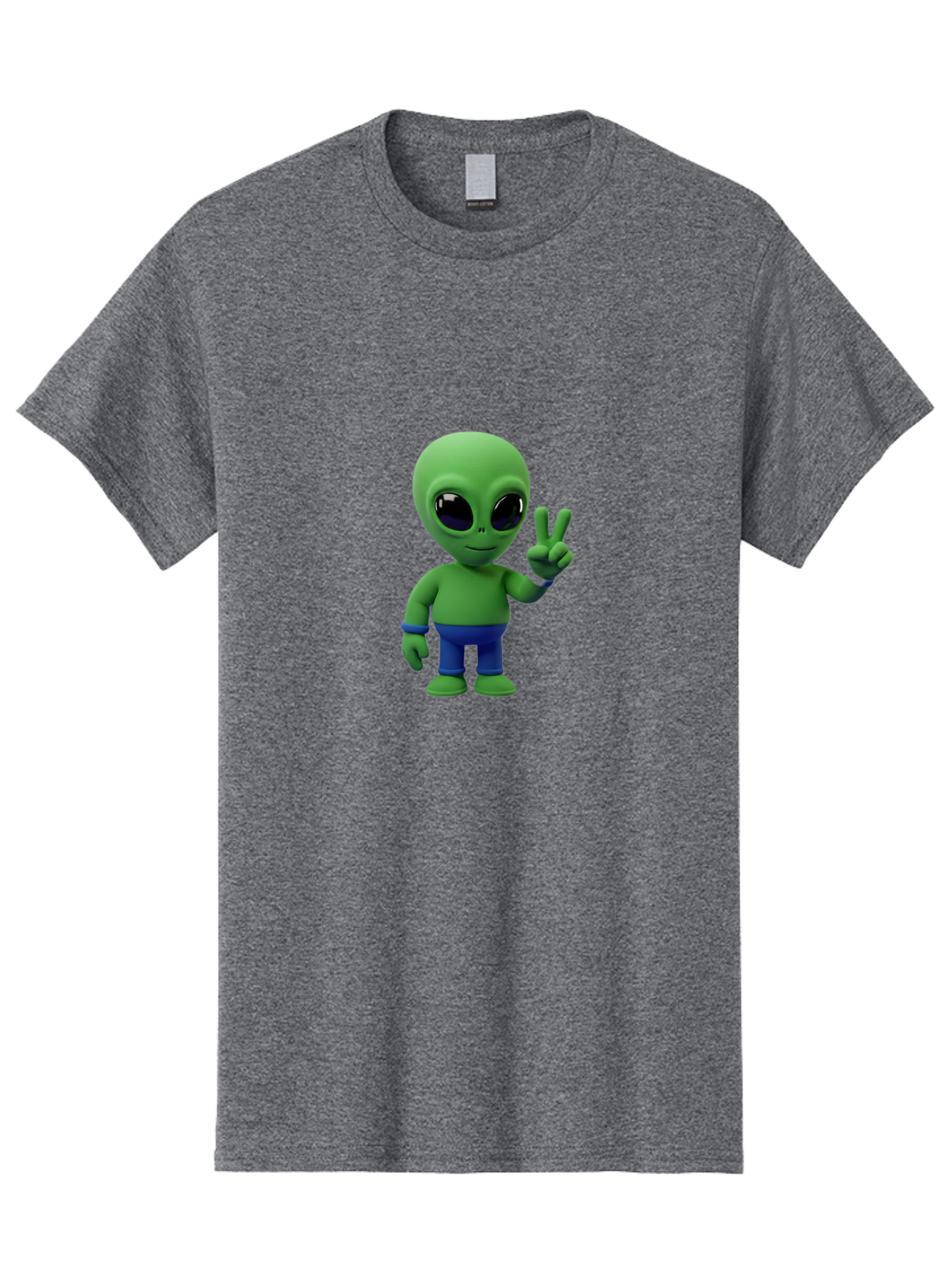 Alien-Peace-Sign-3 Men'S Graphic Tee, 100% Cotton, Comfortable Casual Summer Wear, Machine Washable, Cartoon Alien, Peace Sign, Blue Pants, Blue Bracelet, Friendly Gesture, 3D Character, Space Creature, Fun Design, Playful Pose, Kawaii Style Bab632 4