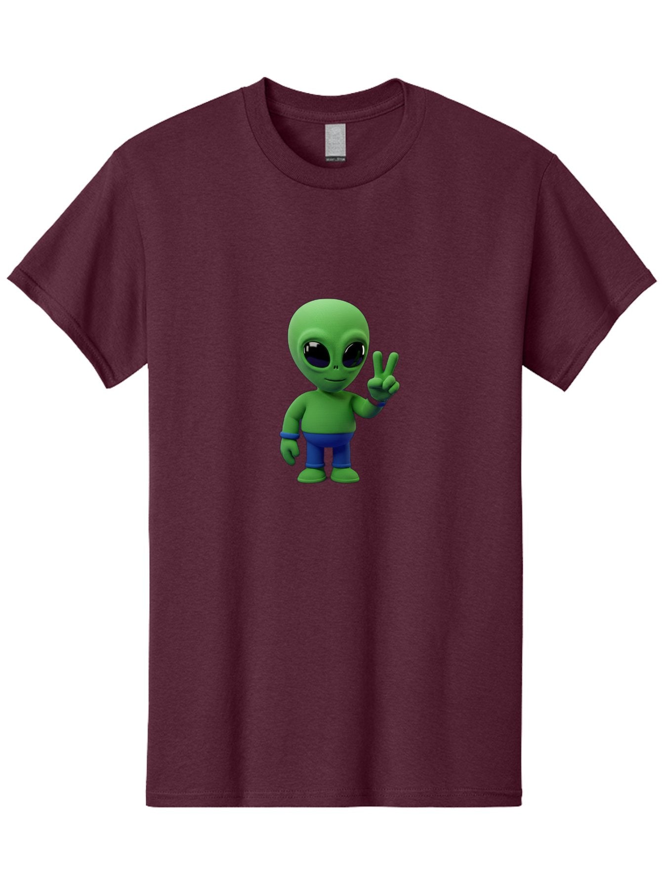 Alien-Peace-Sign-3 Men'S Graphic Tee, 100% Cotton, Comfortable Casual Summer Wear, Machine Washable, Cartoon Alien, Peace Sign, Blue Pants, Blue Bracelet, Friendly Gesture, 3D Character, Space Creature, Fun Design, Playful Pose, Kawaii Style Bab632 13