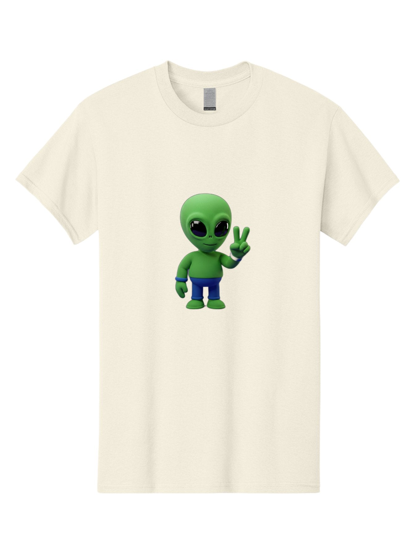 Alien-Peace-Sign-3 Men'S Graphic Tee, 100% Cotton, Comfortable Casual Summer Wear, Machine Washable, Cartoon Alien, Peace Sign, Blue Pants, Blue Bracelet, Friendly Gesture, 3D Character, Space Creature, Fun Design, Playful Pose, Kawaii Style Bab632